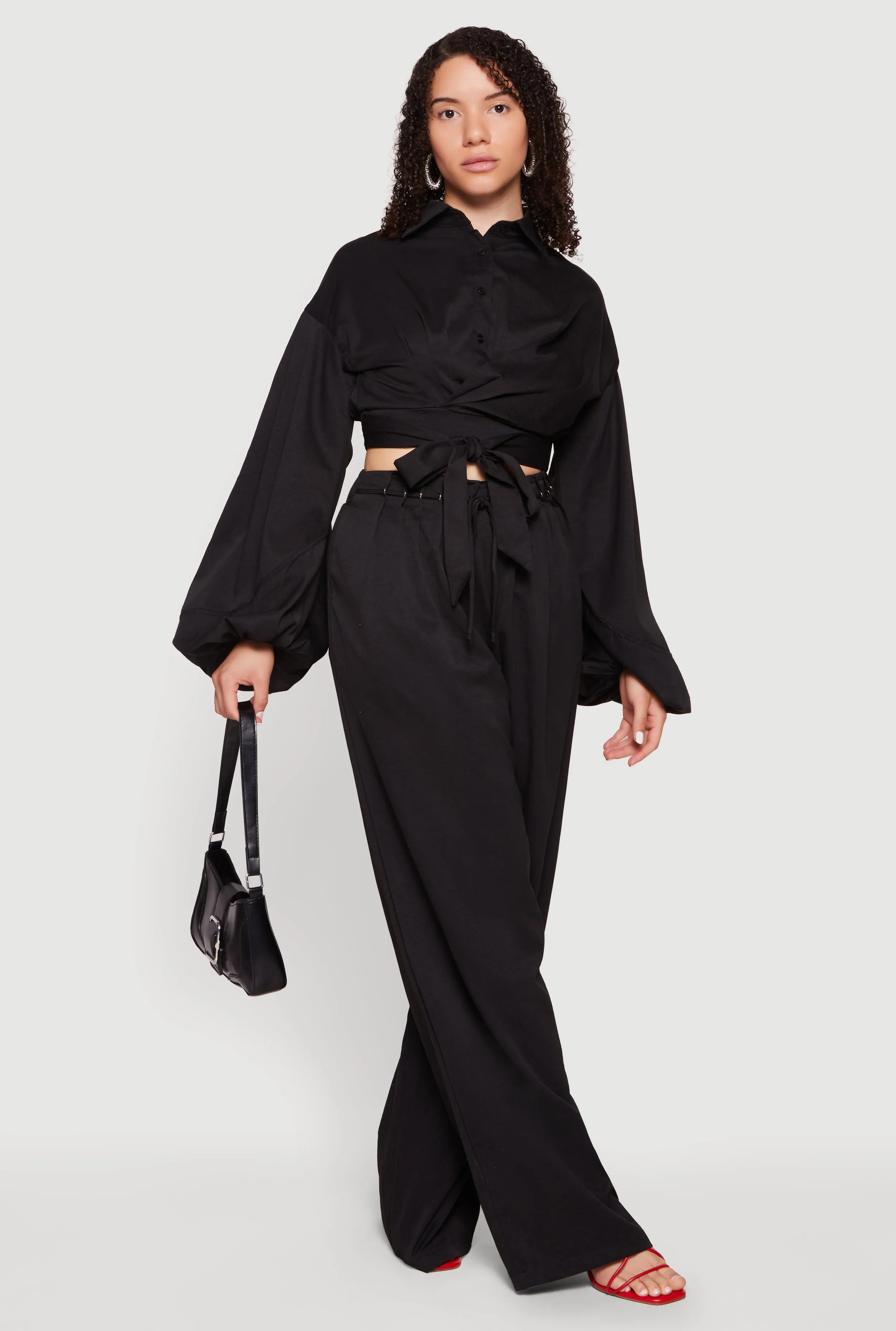 Faux Wrap Balloon Sleeve Cropped Shirt sold by Rainbow product image thumbnail 2