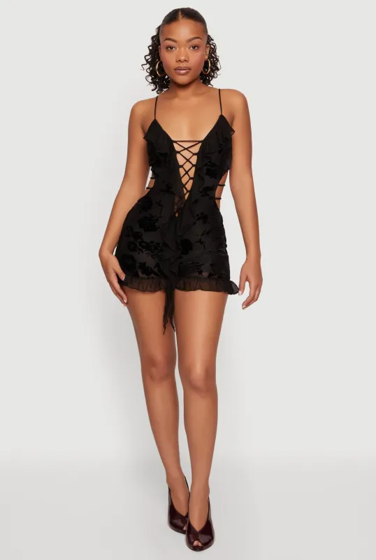 Floral Velvet Burnout Mesh Ruffle Lace Up Romper made by Rainbow