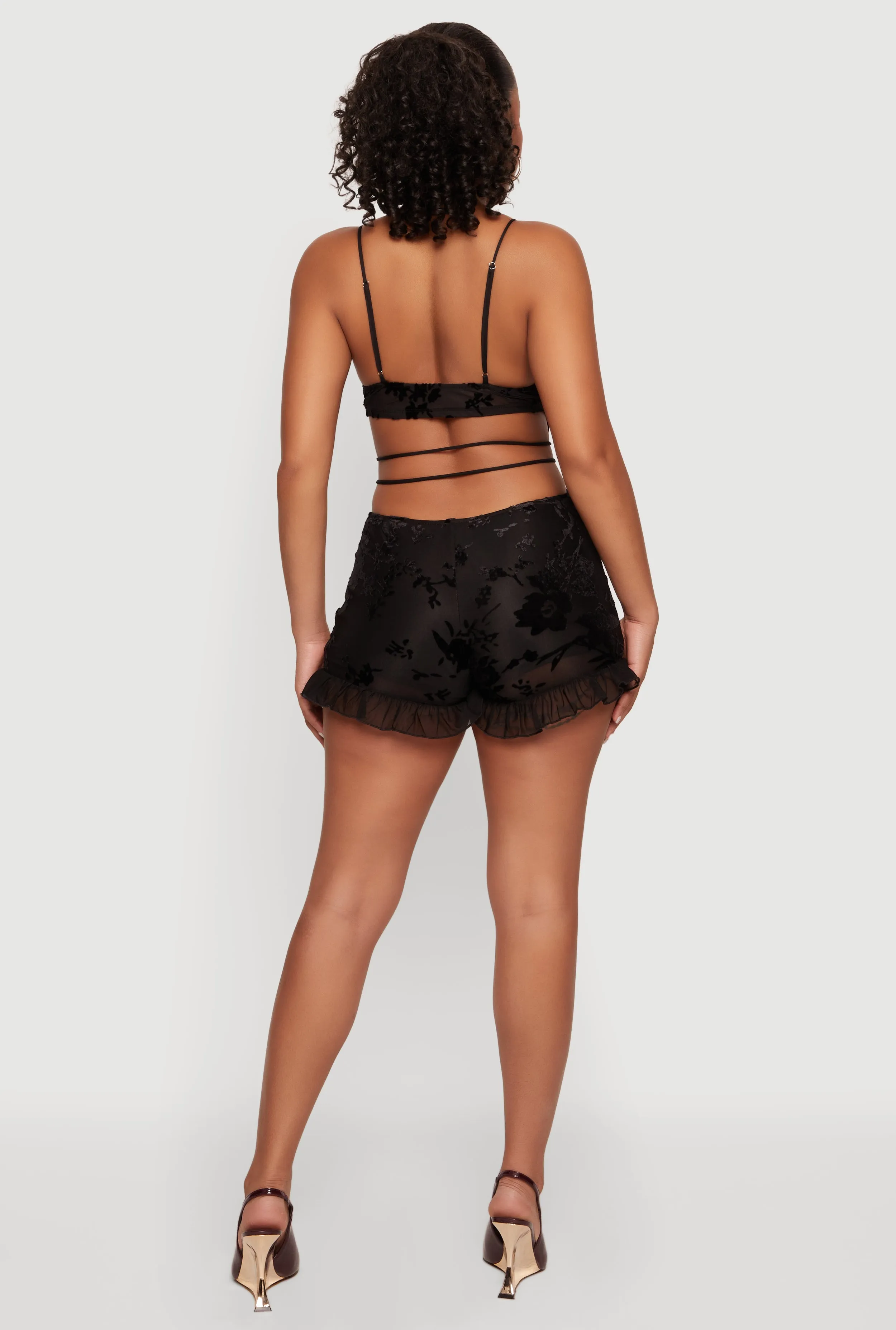 Floral Velvet Burnout Mesh Ruffle Lace Up Romper sold by Rainbow product image thumbnail 3