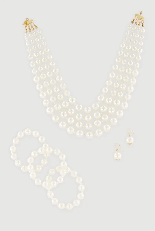 Faux Pearl Layered Necklace and Drop Earrings with Bracelets made by Rainbow