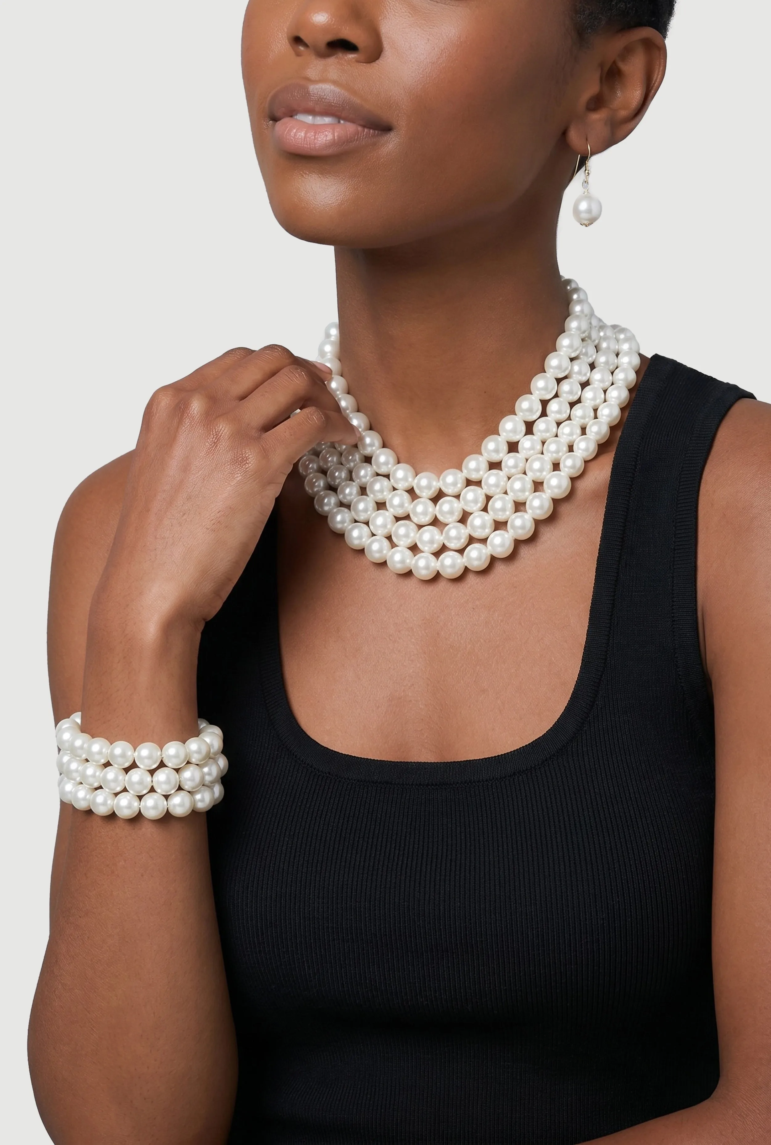 Faux Pearl Layered Necklace and Drop Earrings with Bracelets sold by Rainbow product image thumbnail 2