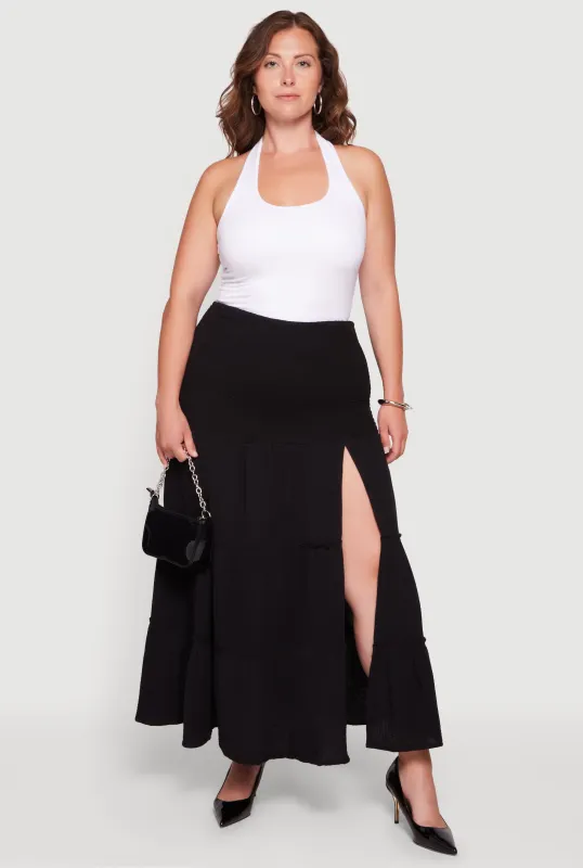 Plus Size High Waisted Smocked Tiered Skirt with Side Slit made by Rainbow