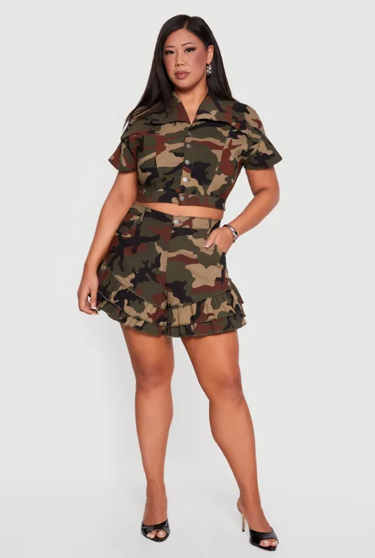 Plus Size Ruffle Hem Camo Print Shorts made by Rainbow