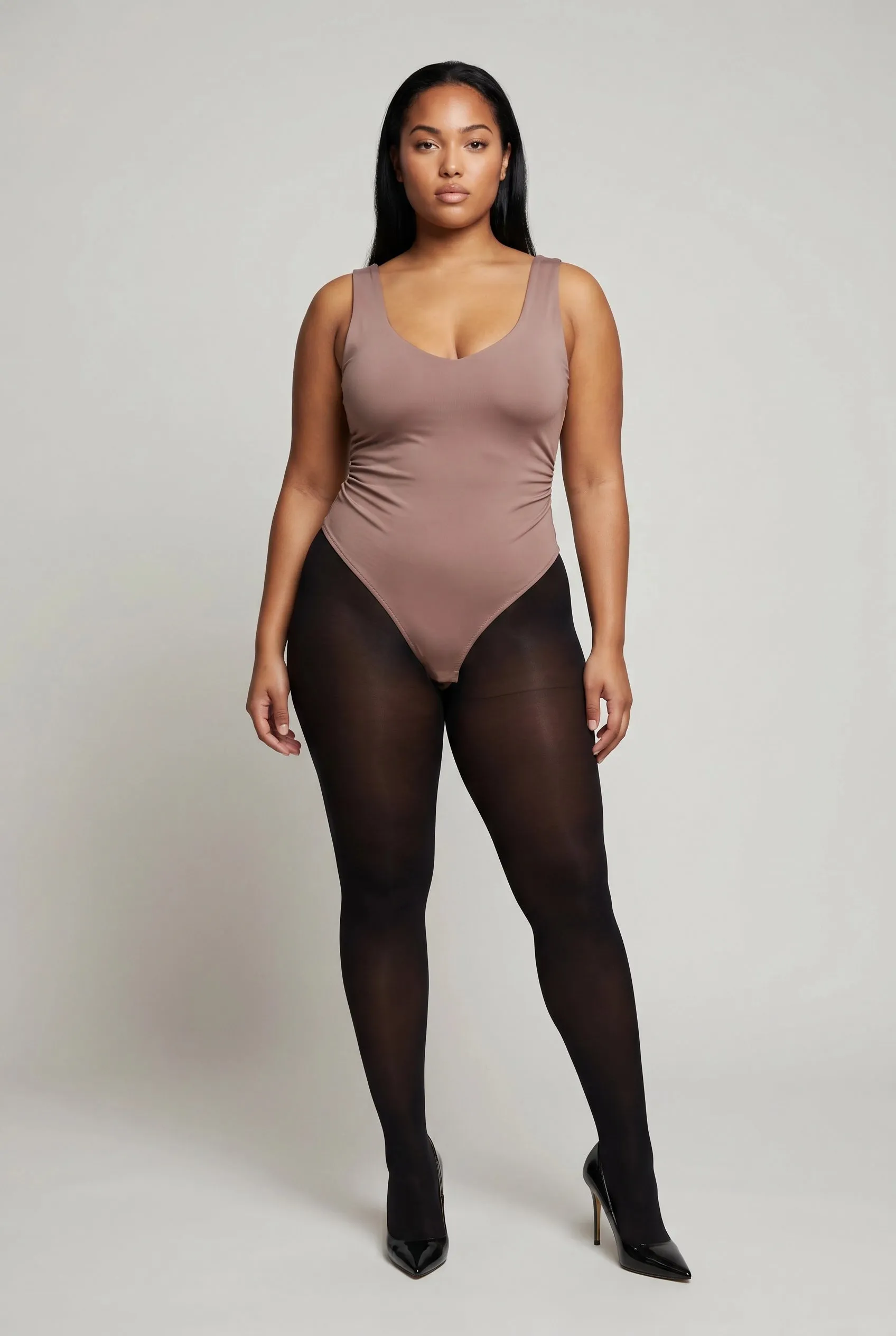 Plus Size V Neck Side Ruched Thong Bodysuit sold by Rainbow