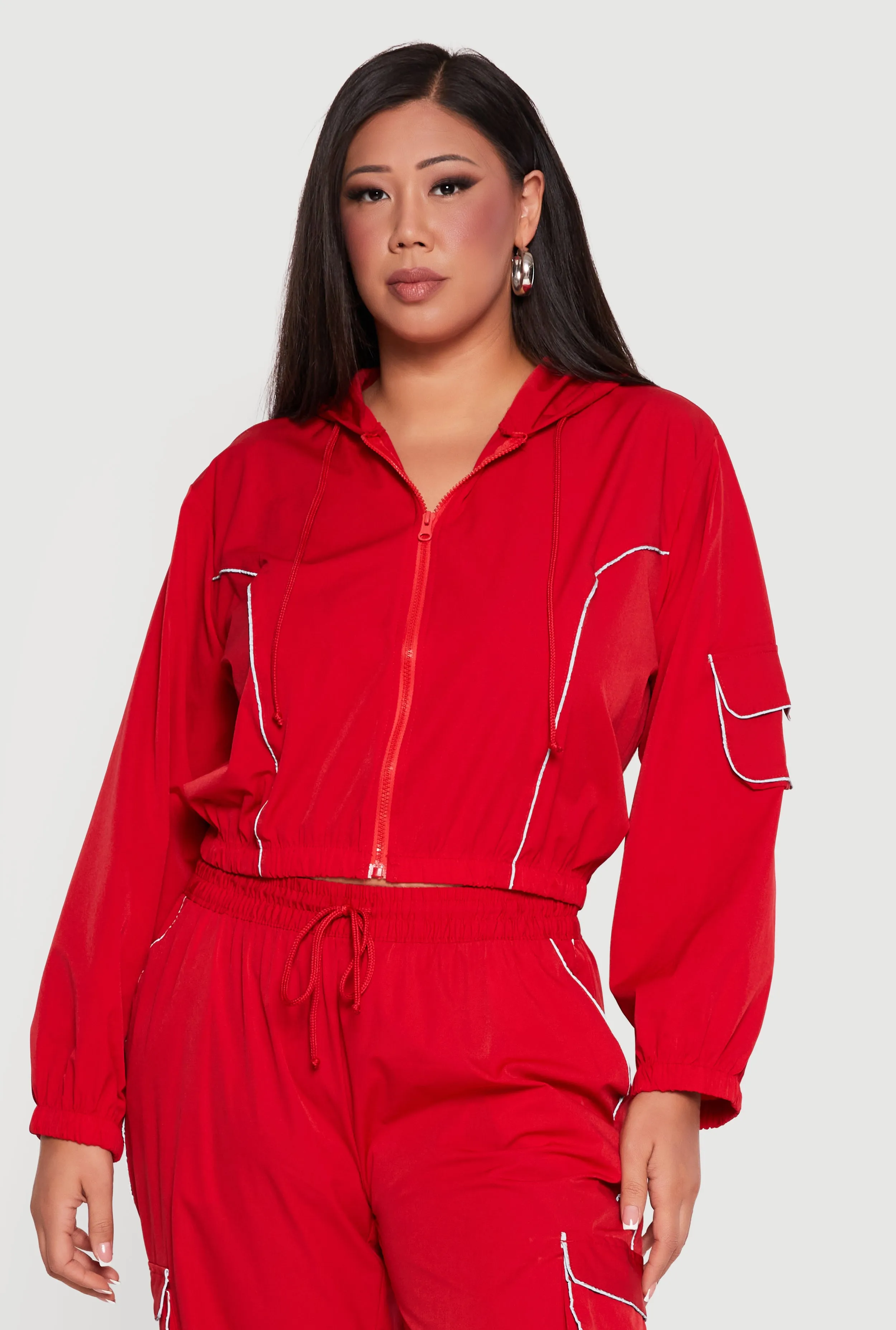 Plus Size Cropped Contrast Piping Zip Front Hoodie sold by Rainbow