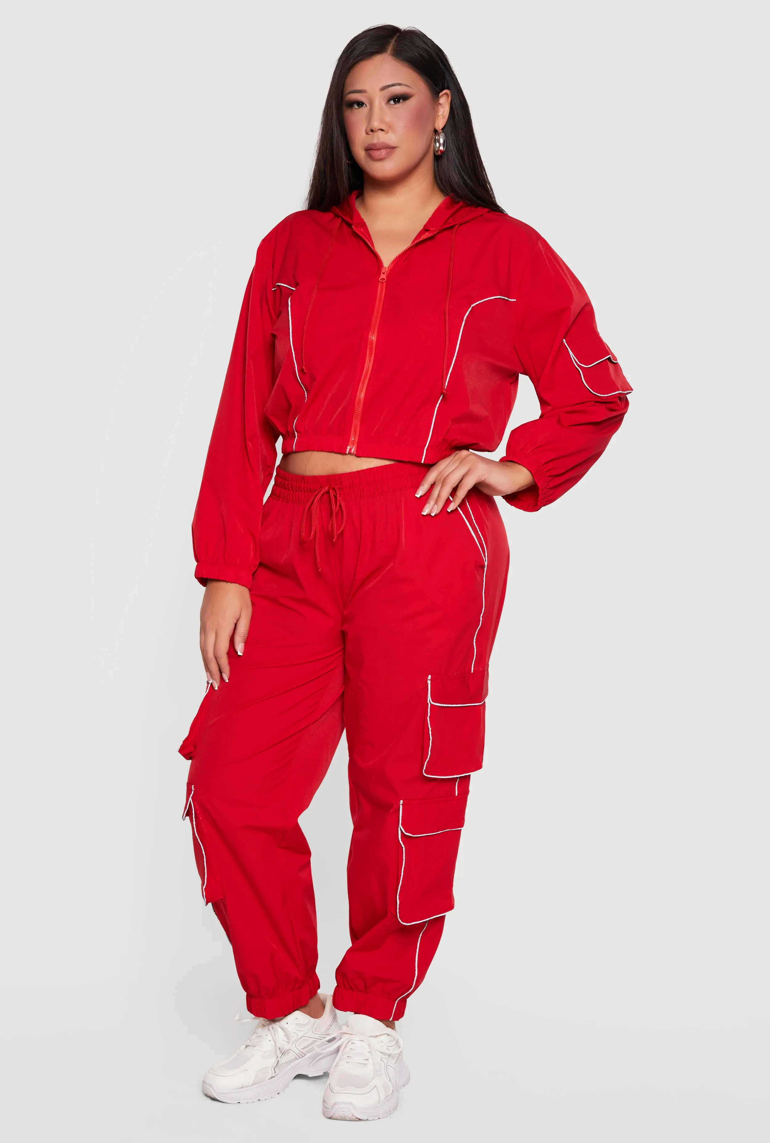 Plus Size Cropped Contrast Piping Zip Front Hoodie sold by Rainbow product image thumbnail 2