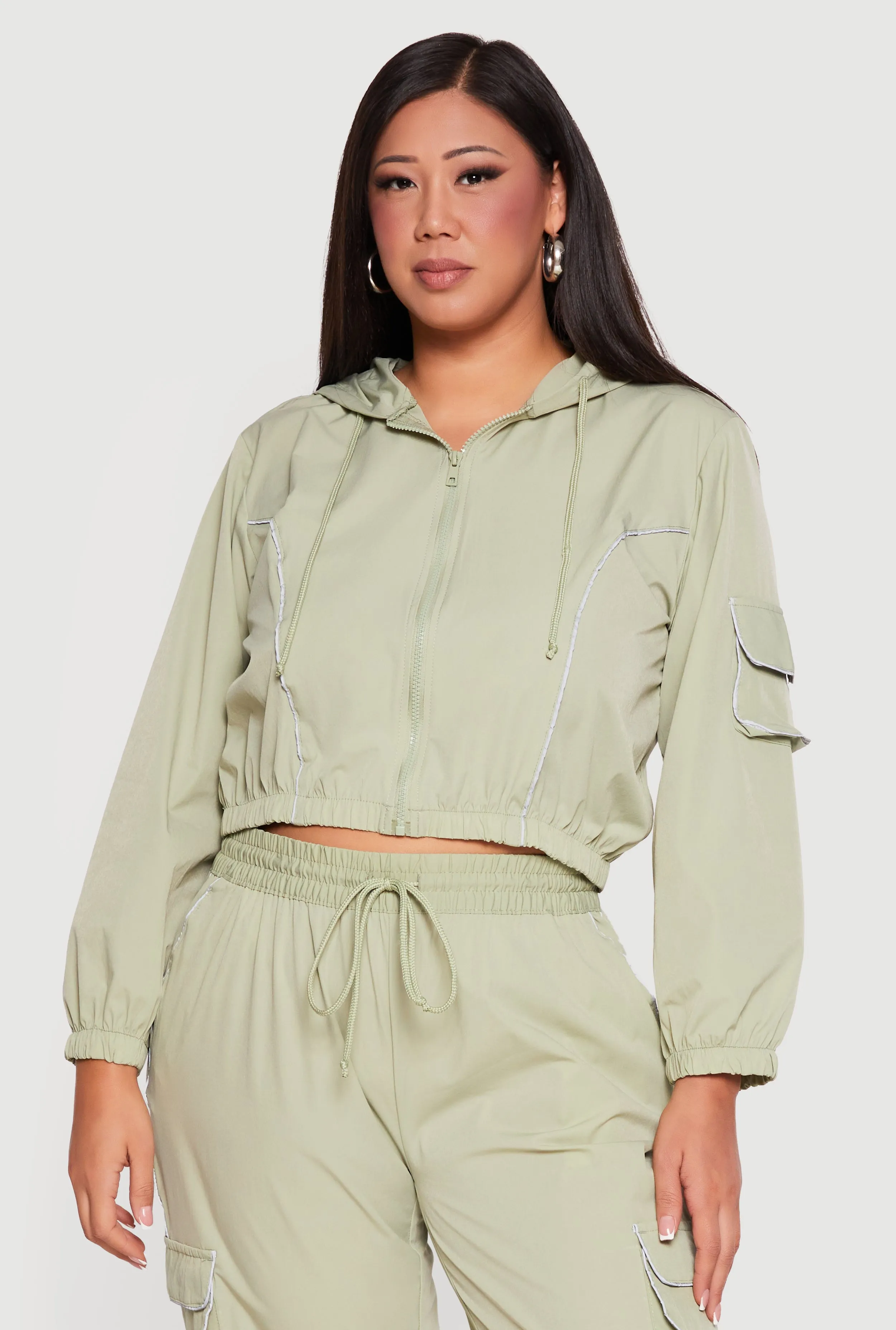 Plus Size Cropped Contrast Piping Zip Front Hoodie sold by Rainbow