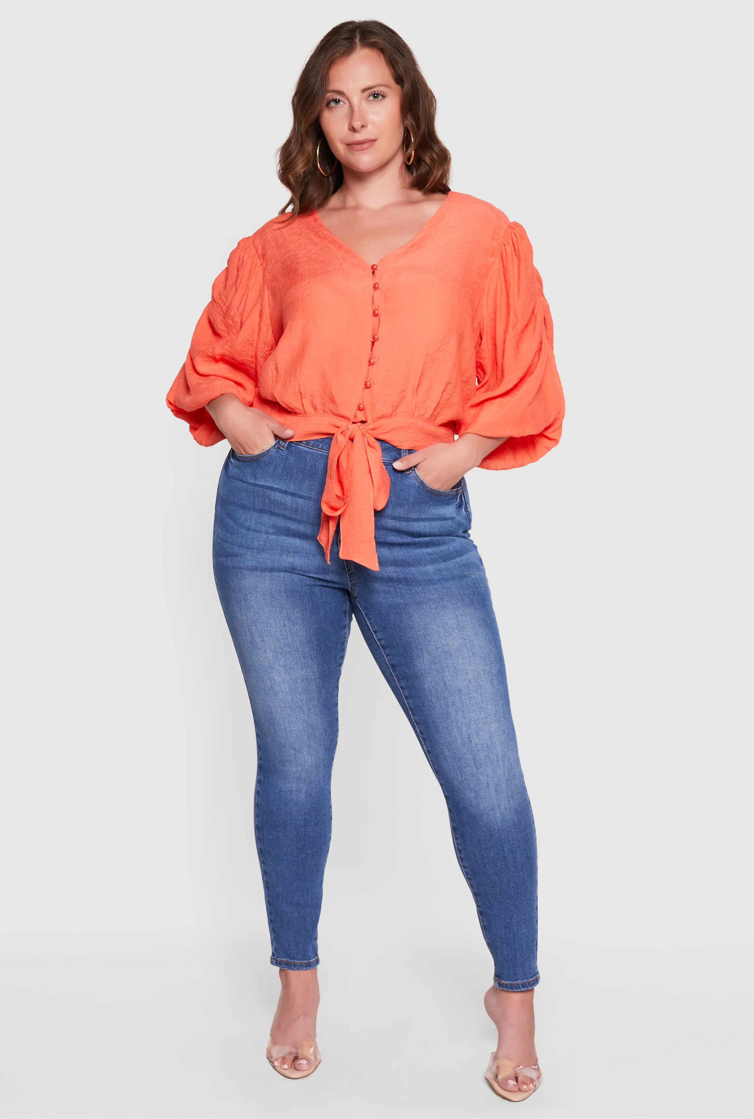 Plus Size Tie Front Hem Puff Sleeve Button Front Blouse sold by Rainbow product image thumbnail 4