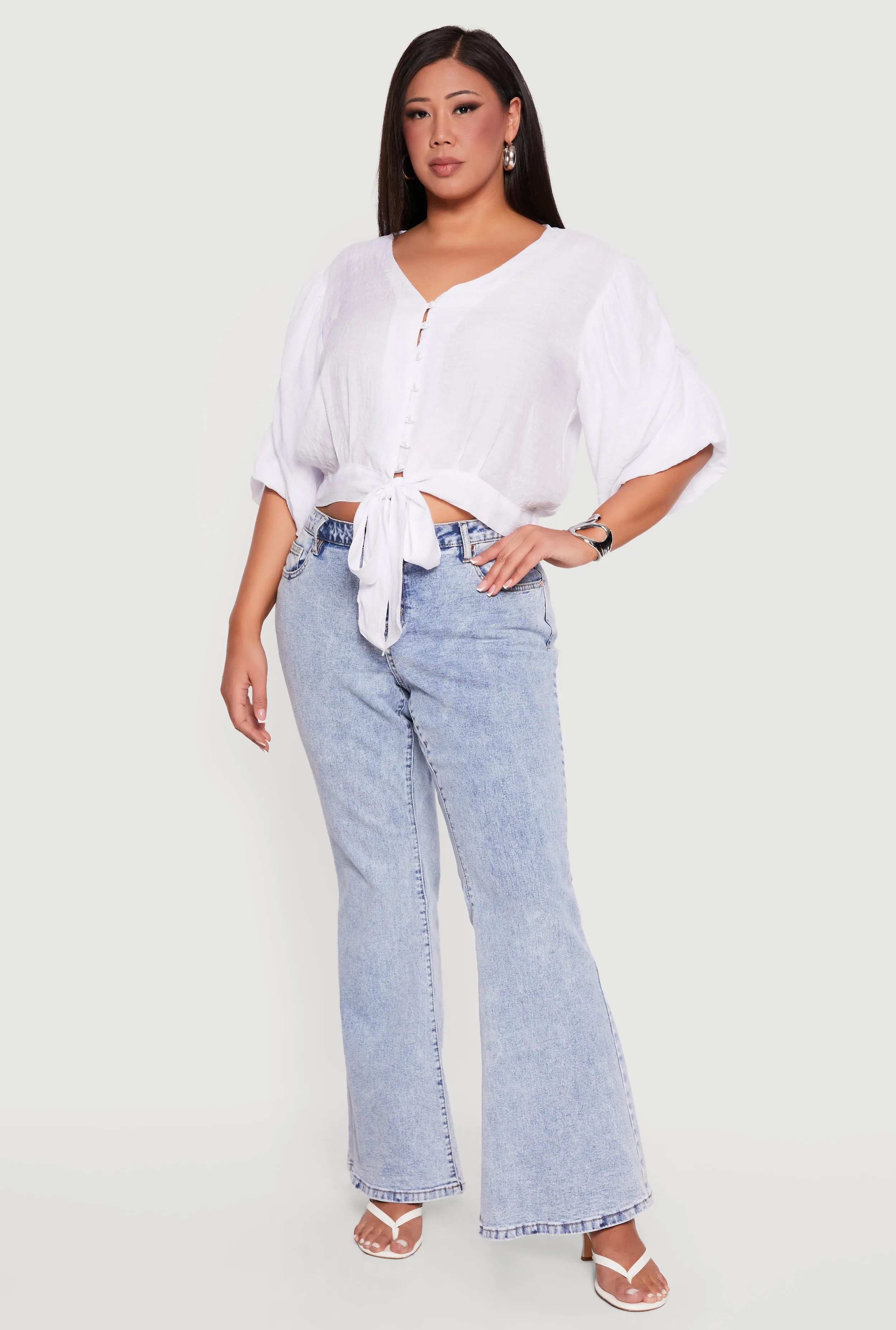 Plus Size Tie Front Hem Puff Sleeve Button Front Blouse sold by Rainbow product image thumbnail 2