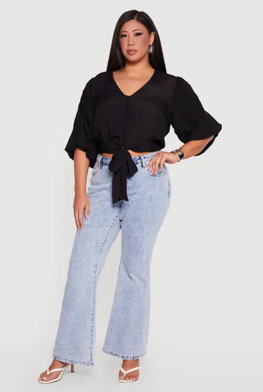 Plus Size Tie Front Hem Puff Sleeve Button Front Blouse made by Rainbow