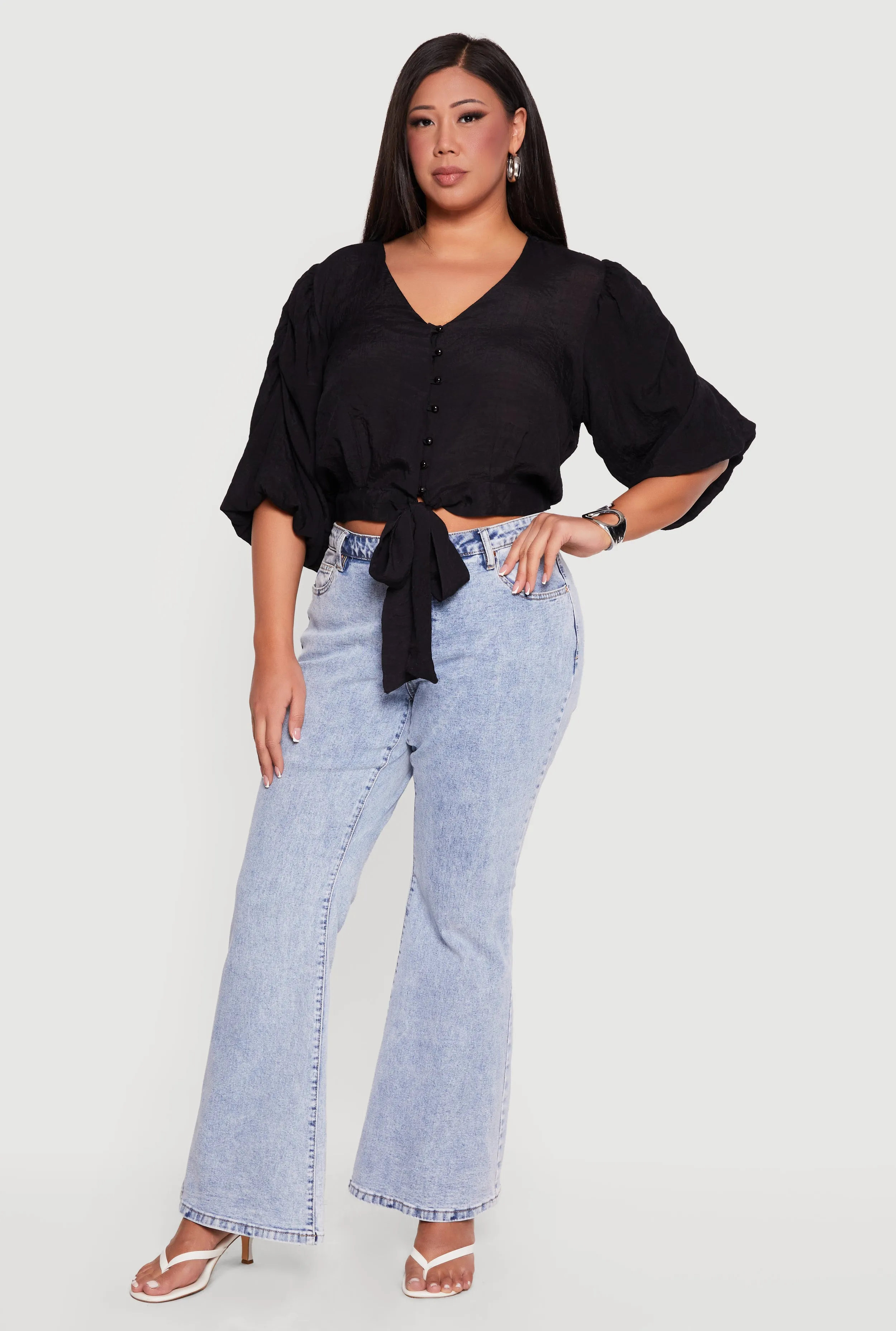 Plus Size Tie Front Hem Puff Sleeve Button Front Blouse sold by Rainbow