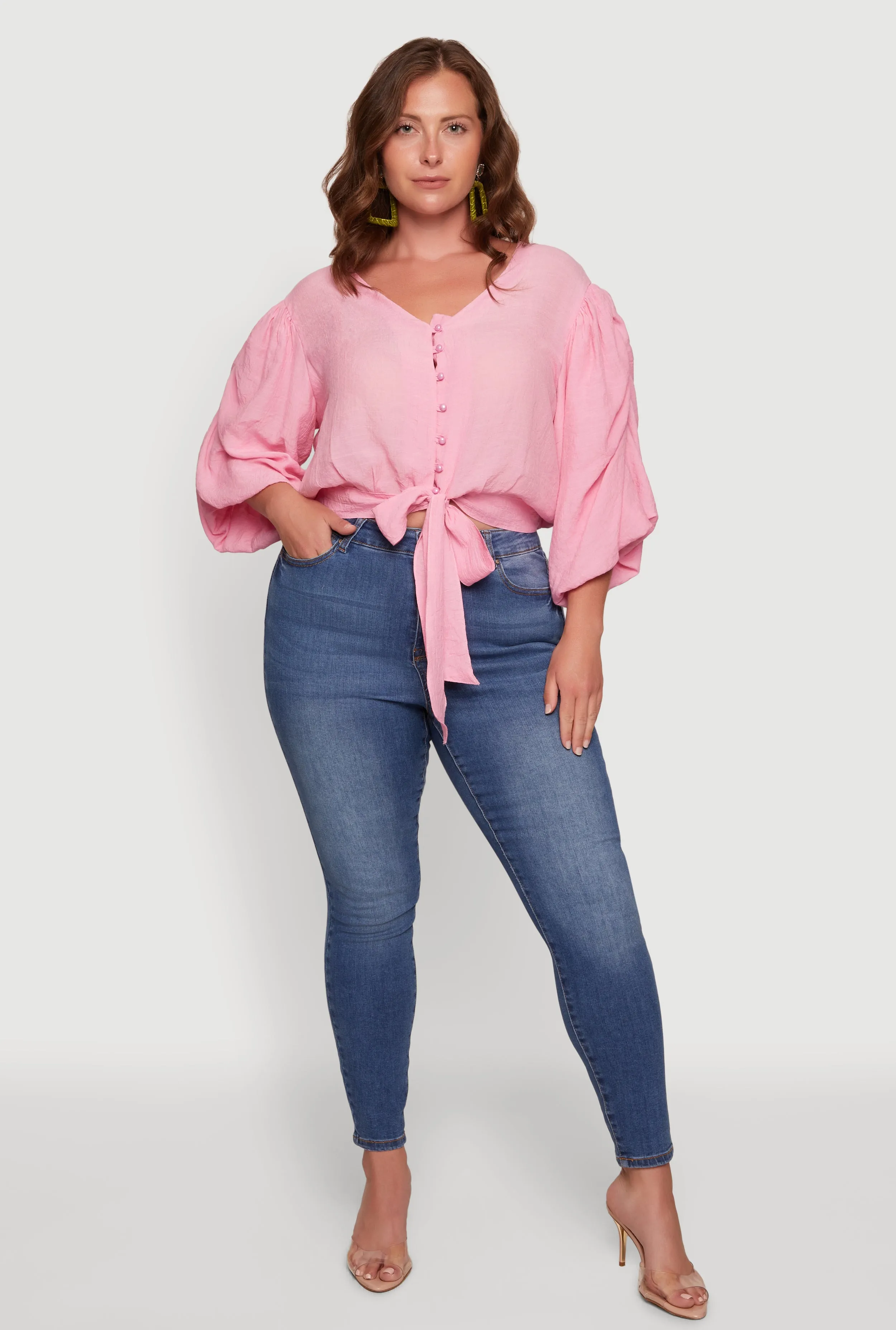 Plus Size Tie Front Hem Puff Sleeve Button Front Blouse sold by Rainbow product image thumbnail 3