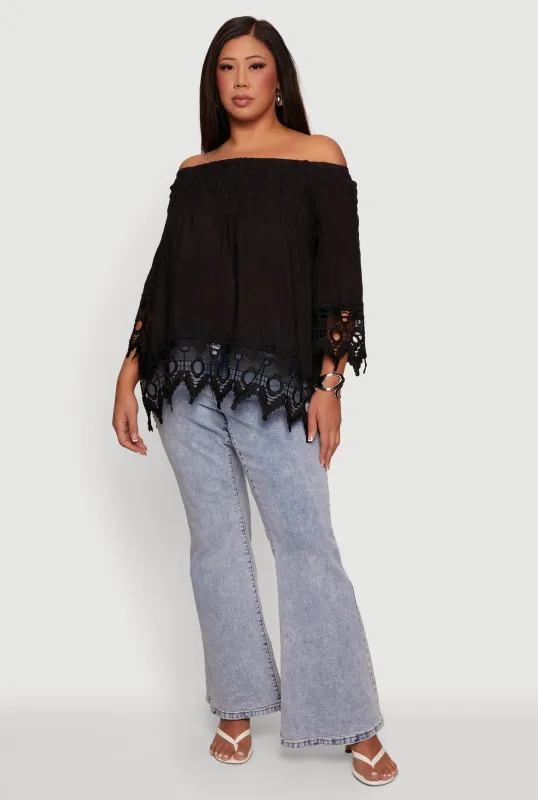 Plus Size Off The Shoulder Crochet Detail Smocked Blouse made by Rainbow