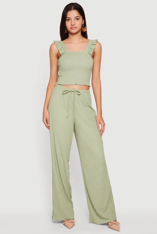 Drawstring High Waisted Wide Leg Textured Knit Pants made by Rainbow