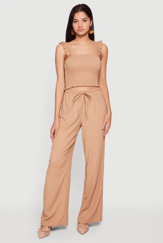 Drawstring High Waisted Wide Leg Textured Knit Pants made by Rainbow
