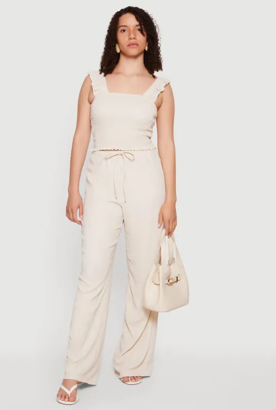 Drawstring High Waisted Wide Leg Textured Knit Pants made by Rainbow