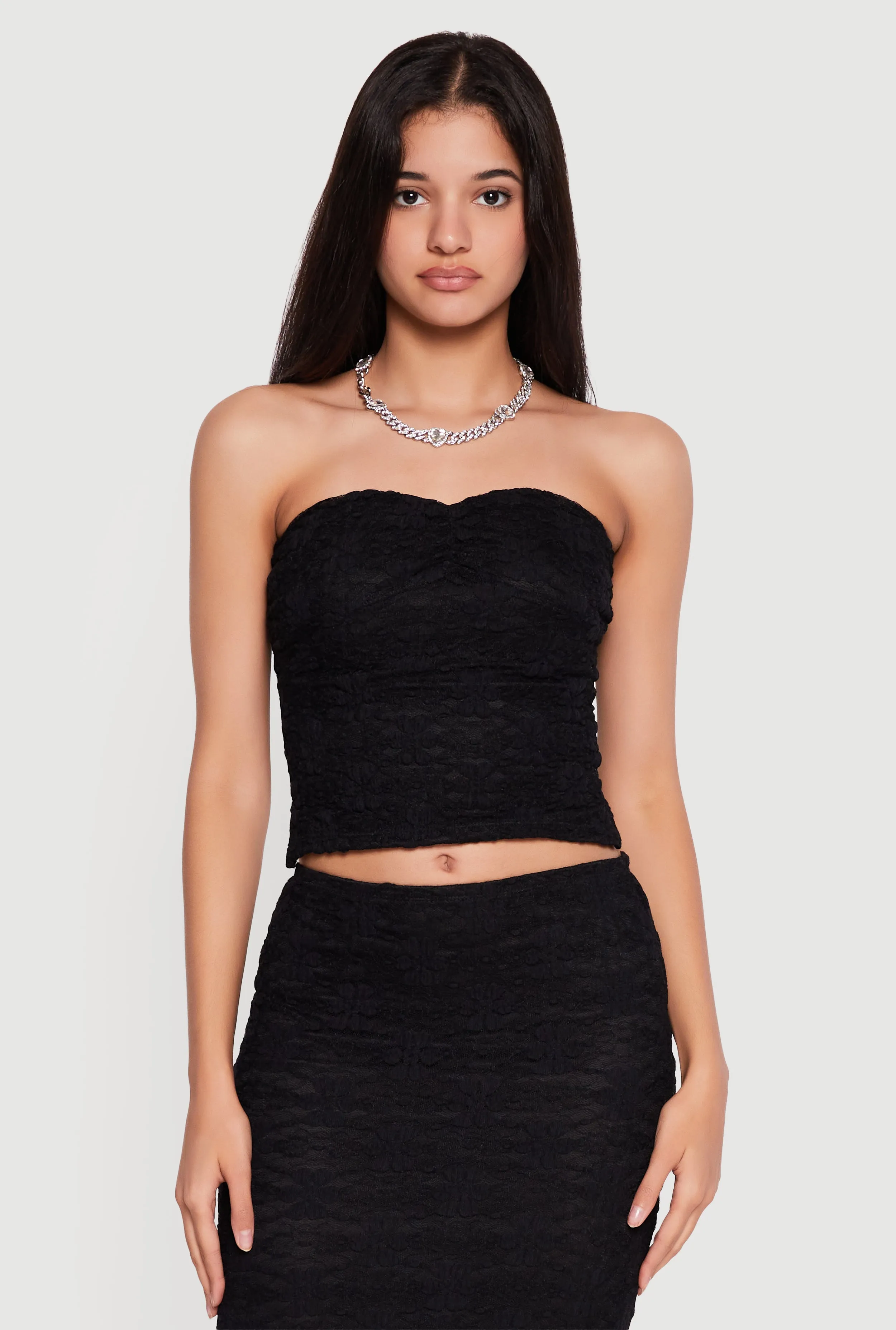 Floral Lace Ruched Front Side Slit Tube Top sold by Rainbow
