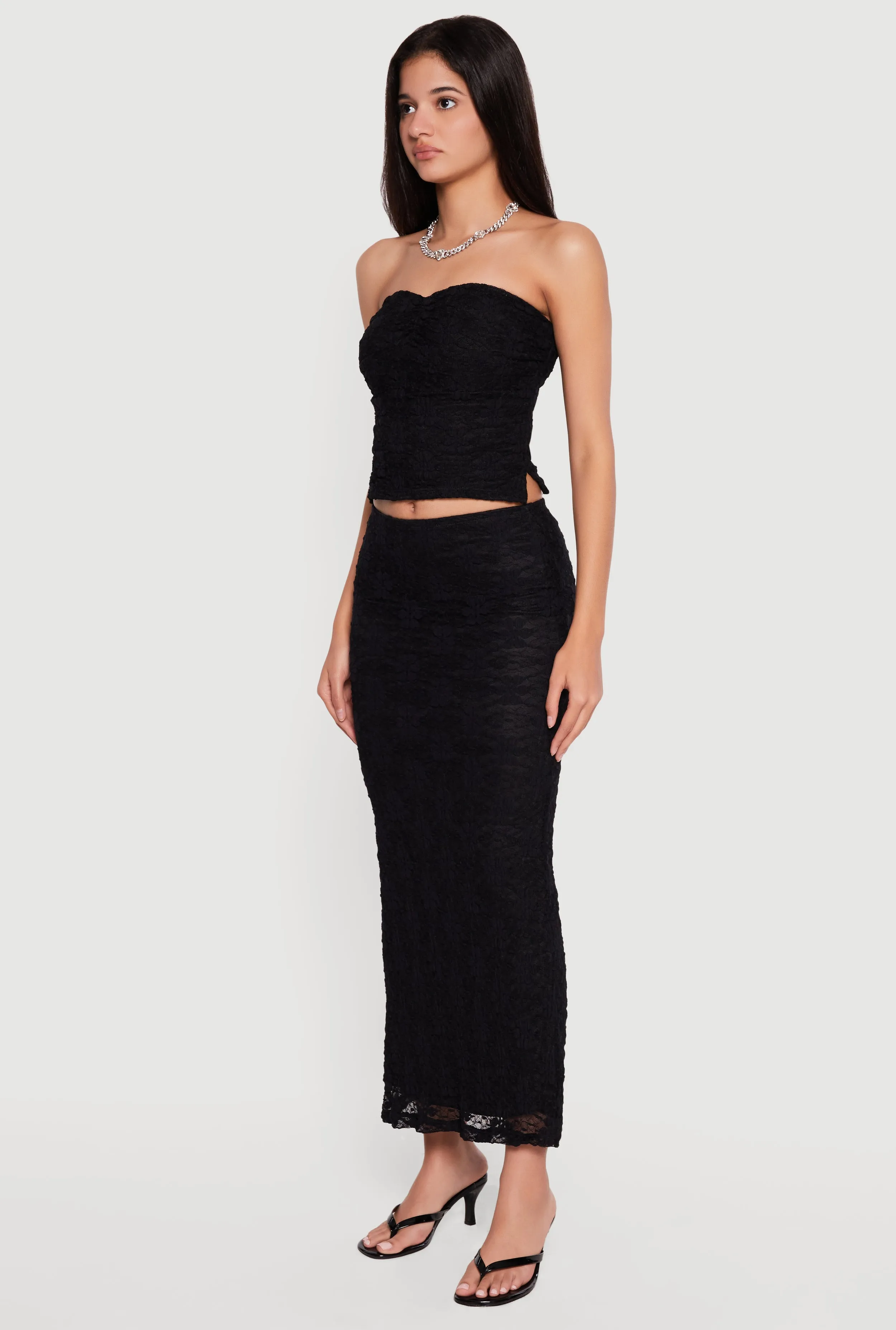 Floral Lace Ruched Front Side Slit Tube Top sold by Rainbow product image thumbnail 3