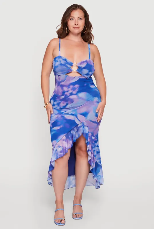 Plus Size Floral Mesh Ruffle Hem High Low Dress made by Rainbow