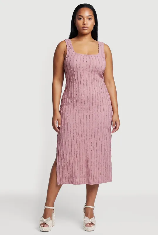 Plus Size Side Slit Textured Knit Midi Dress made by Rainbow