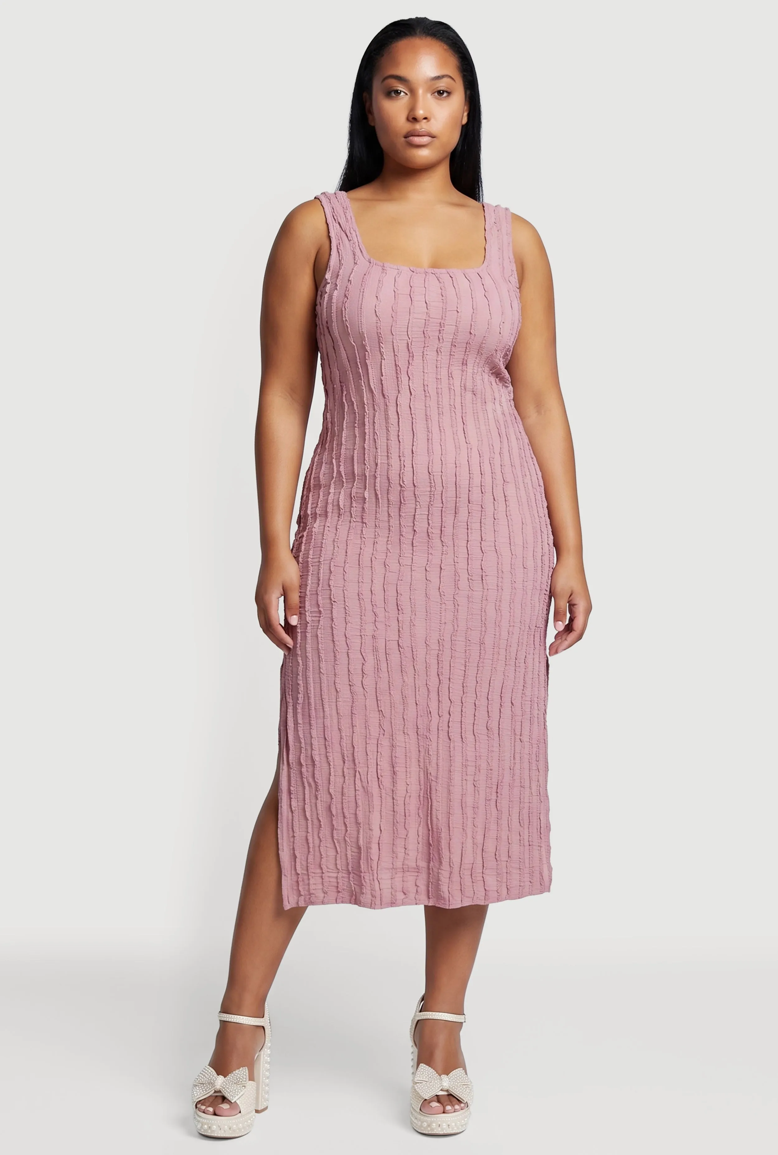 Plus Size Side Slit Textured Knit Midi Dress sold by Rainbow