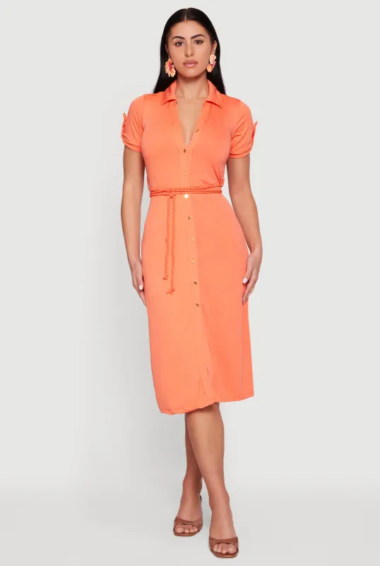 Short Sleeve Button Front Shirt Dress with Tie Waist Belt made by Rainbow