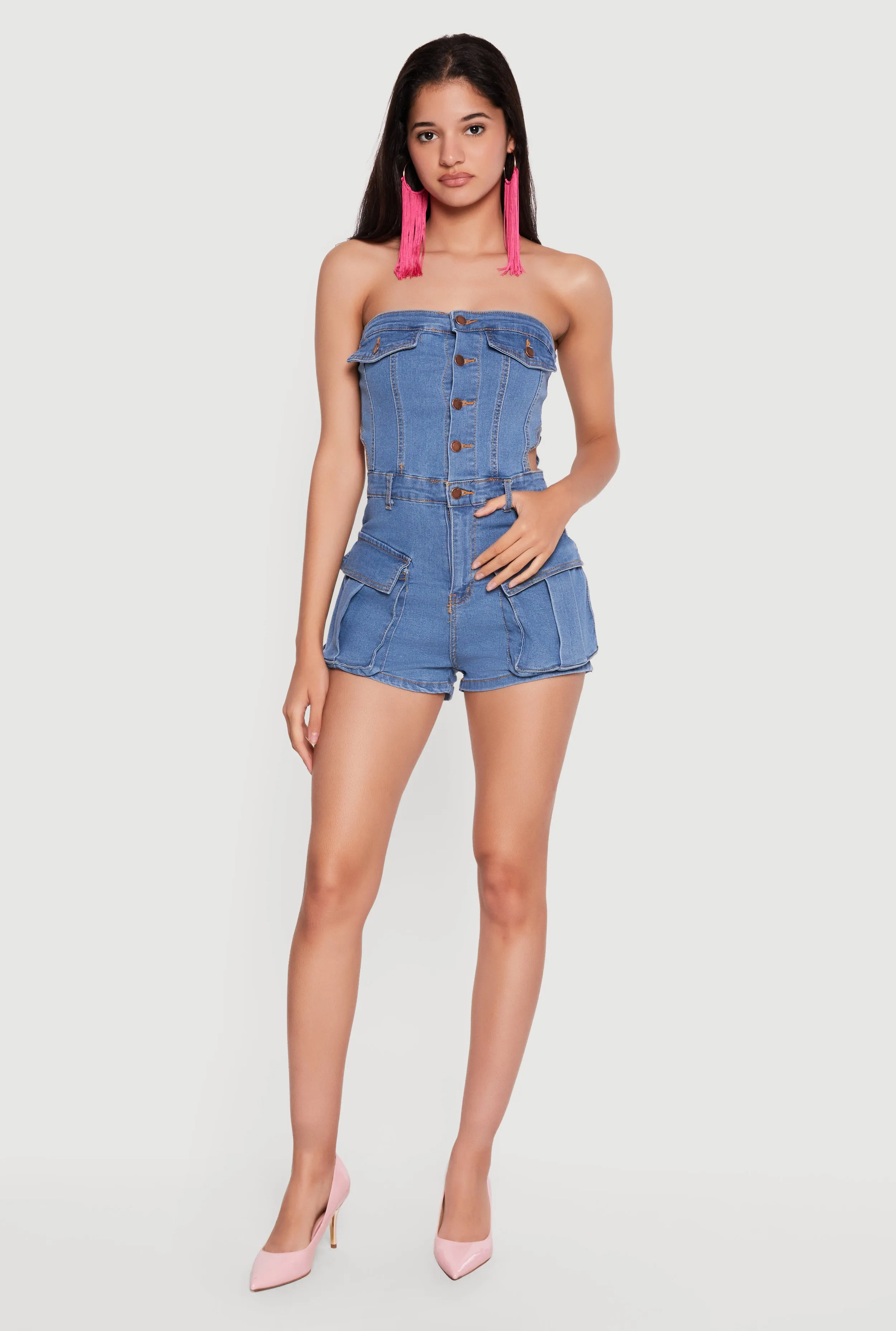 Denim Button Front Cargo Pocket Romper sold by Rainbow product image thumbnail 4