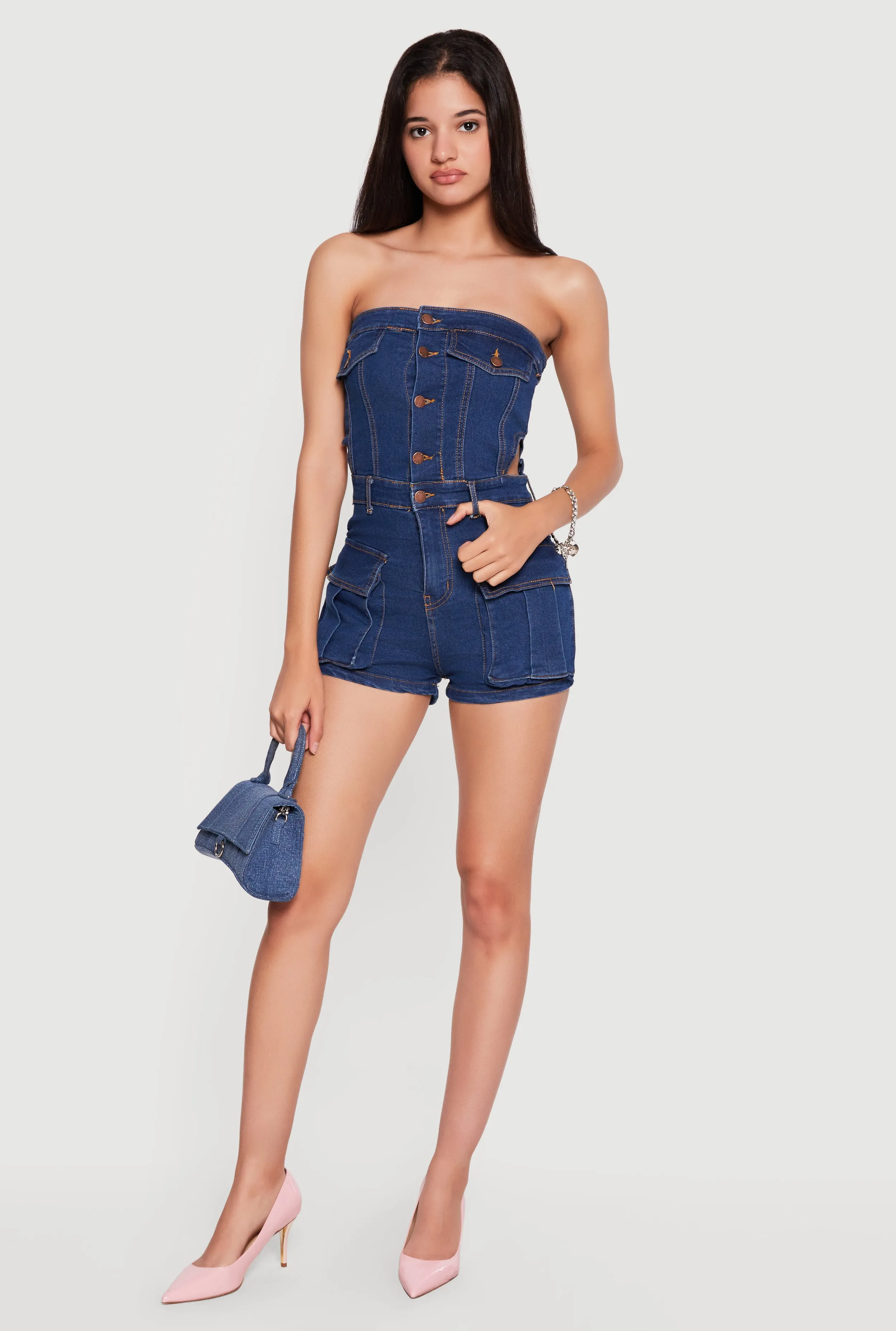 Denim Button Front Cargo Pocket Romper sold by Rainbow
