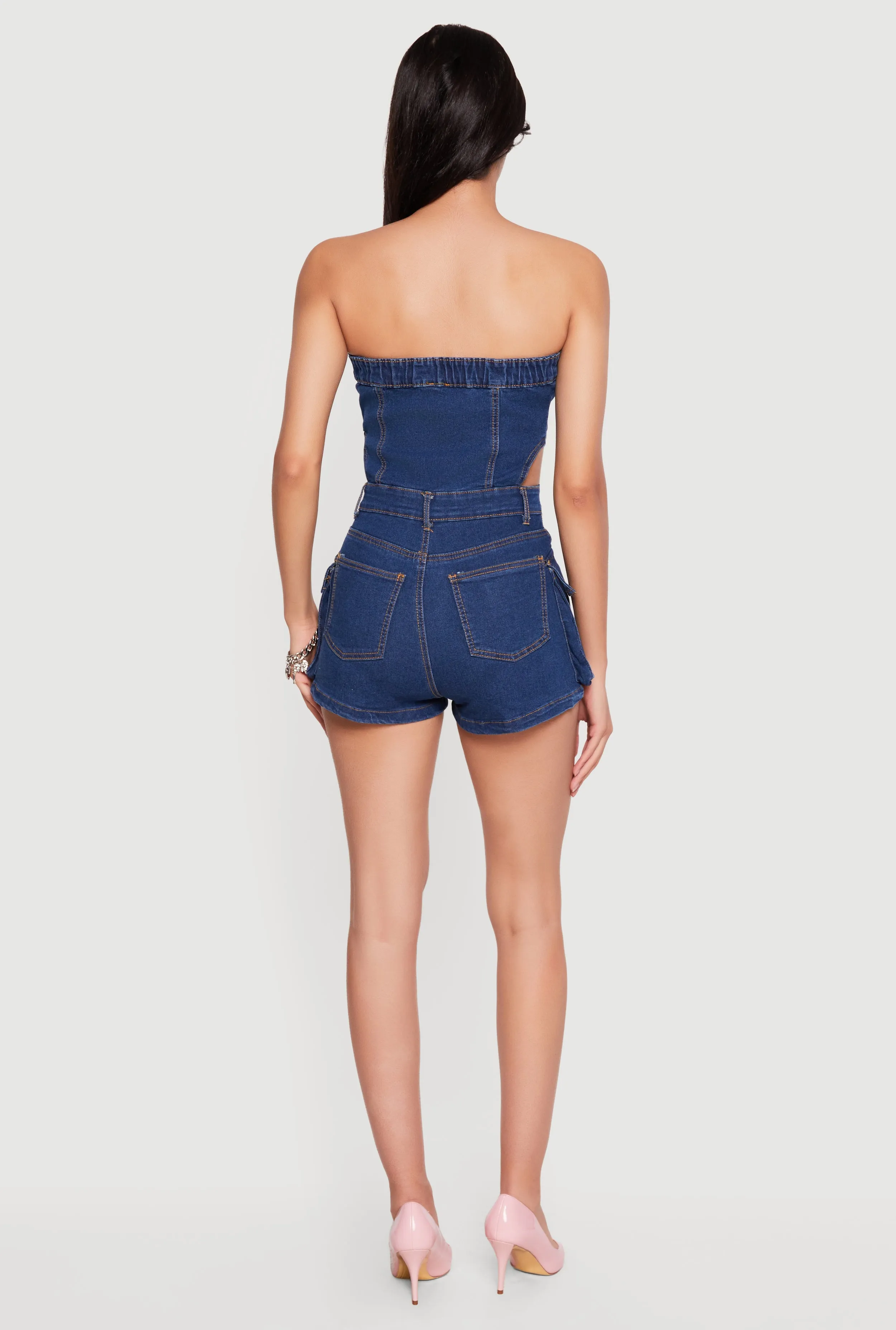 Denim Button Front Cargo Pocket Romper sold by Rainbow product image thumbnail 3