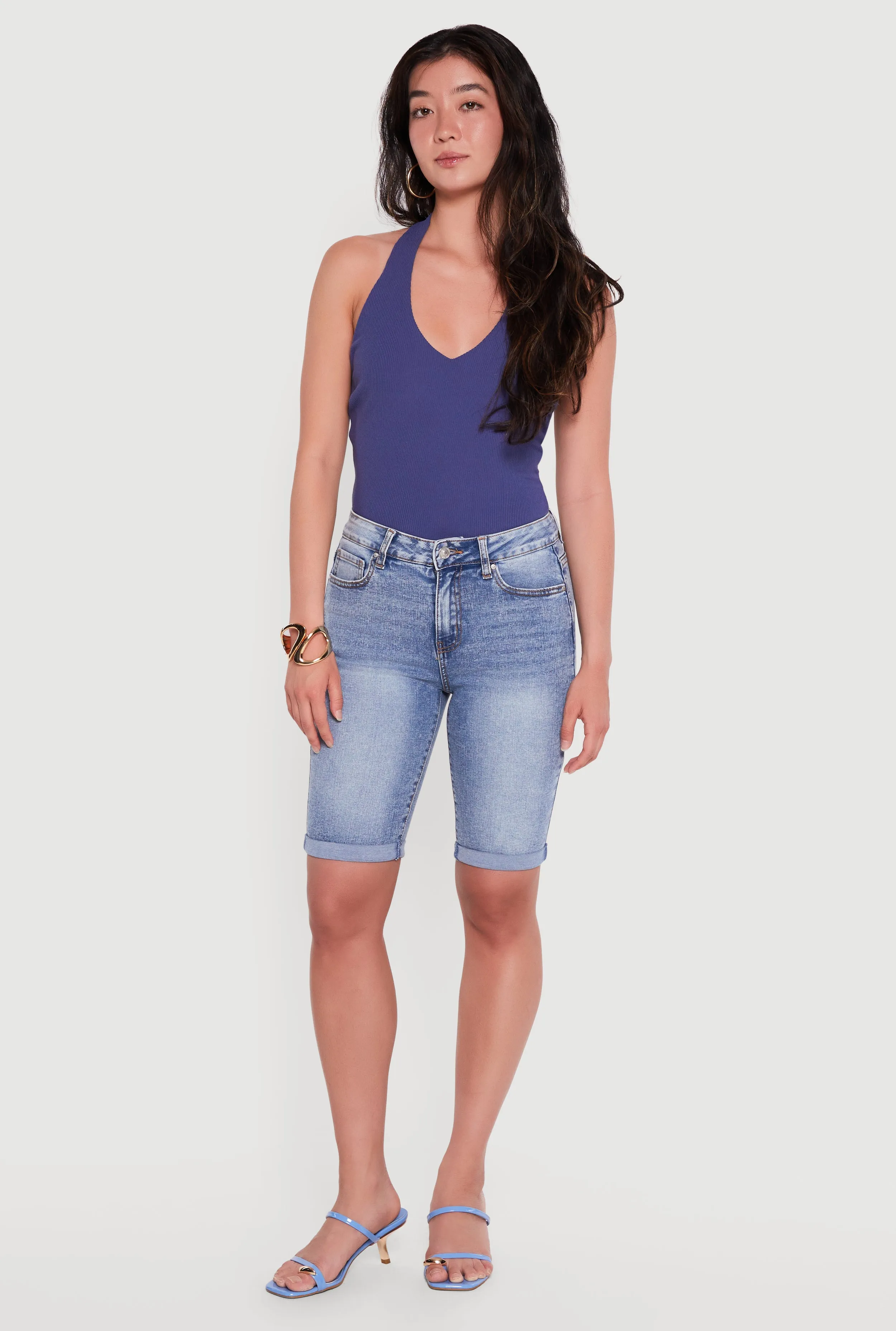 High Waisted Acid Wash Denim Bermuda Shorts sold by Rainbow