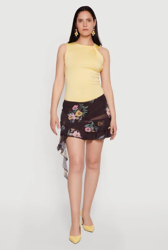 Floral Mesh Asymmetrical Ruffle Trim Skirt with Shorts Lining made by Rainbow