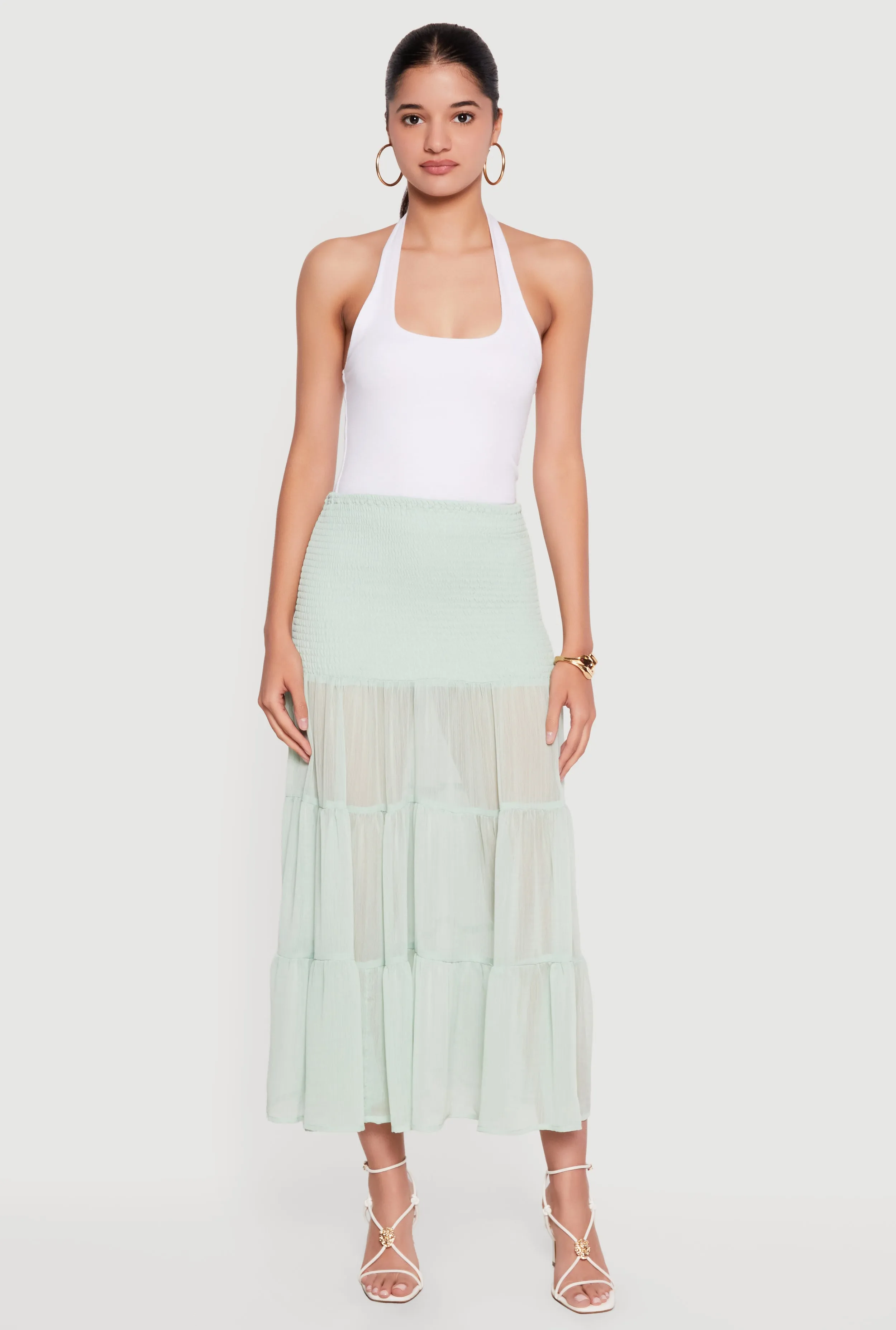 Smocked Waist Ruffle Tiered Maxi Skirt sold by Rainbow