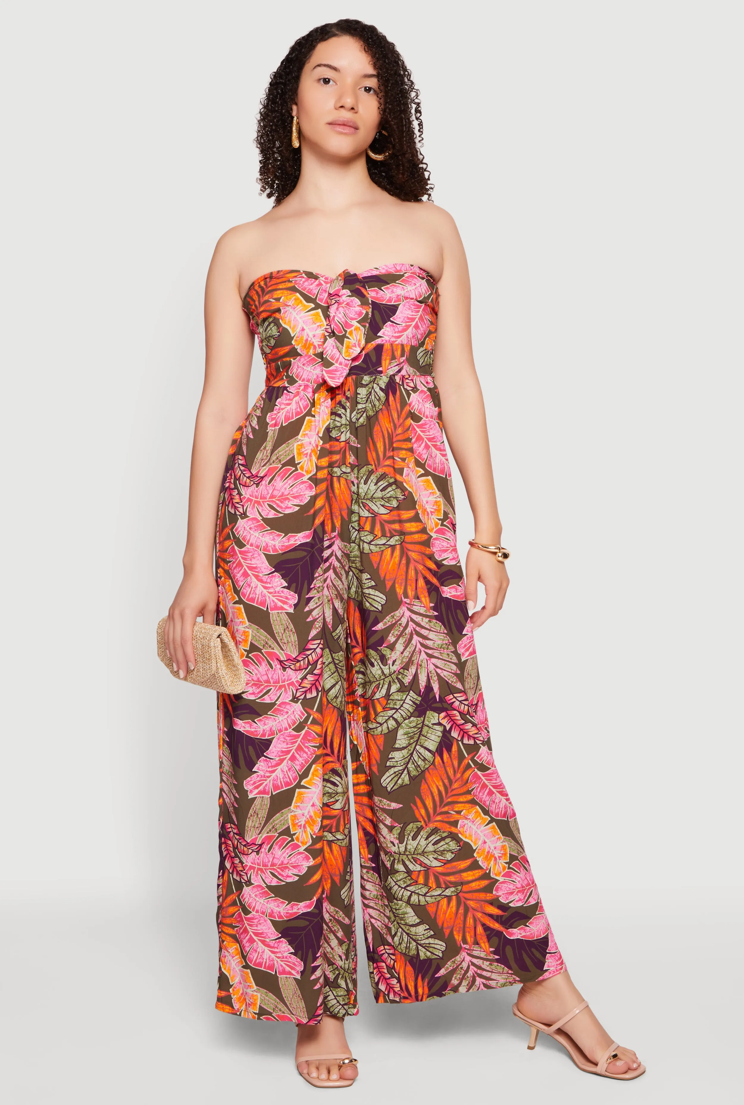 Leaf Print Tie Front Detail Wide Leg Jumpsuit sold by Rainbow