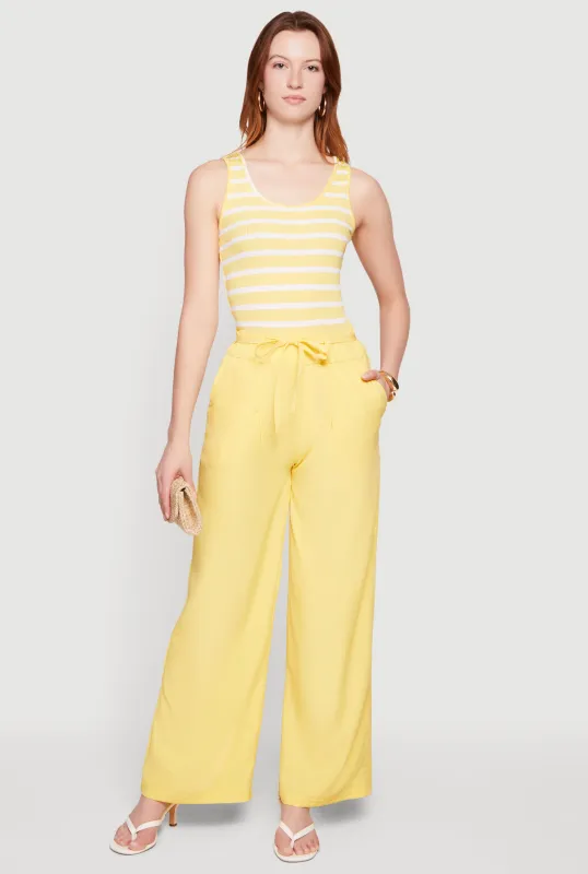 Striped Tie Waist Belted Wide Leg Jumpsuit made by Rainbow