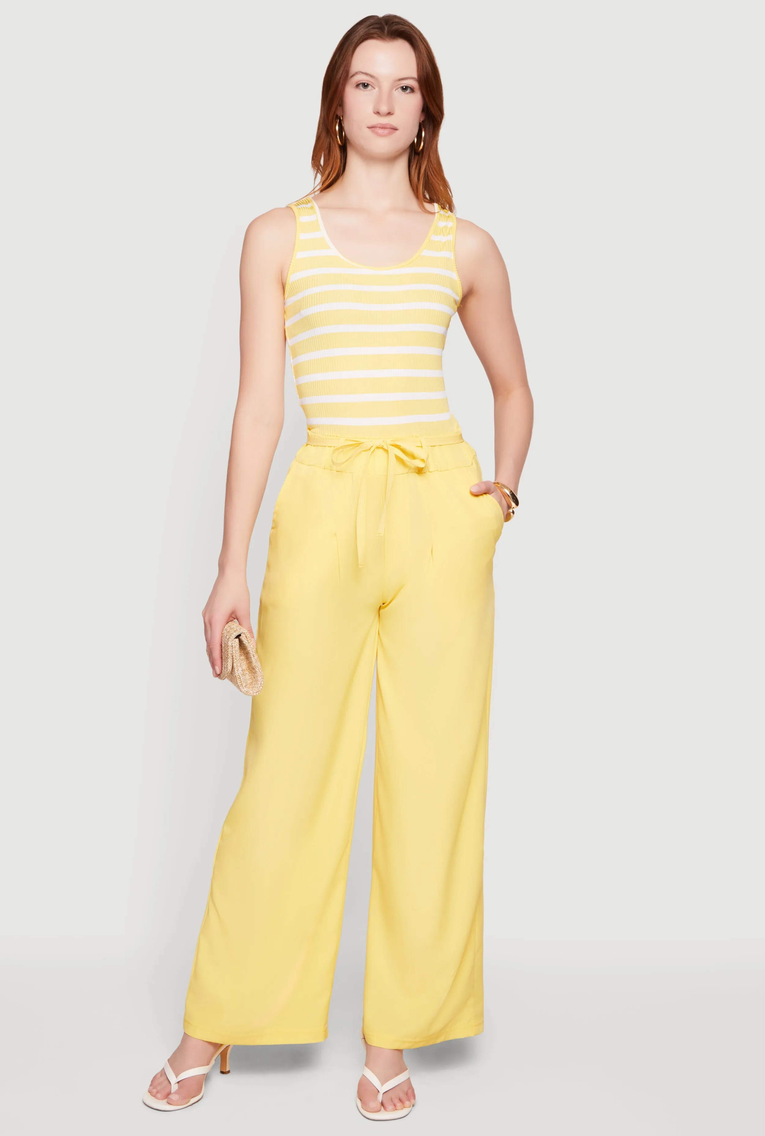 Striped Tie Waist Belted Wide Leg Jumpsuit sold by Rainbow
