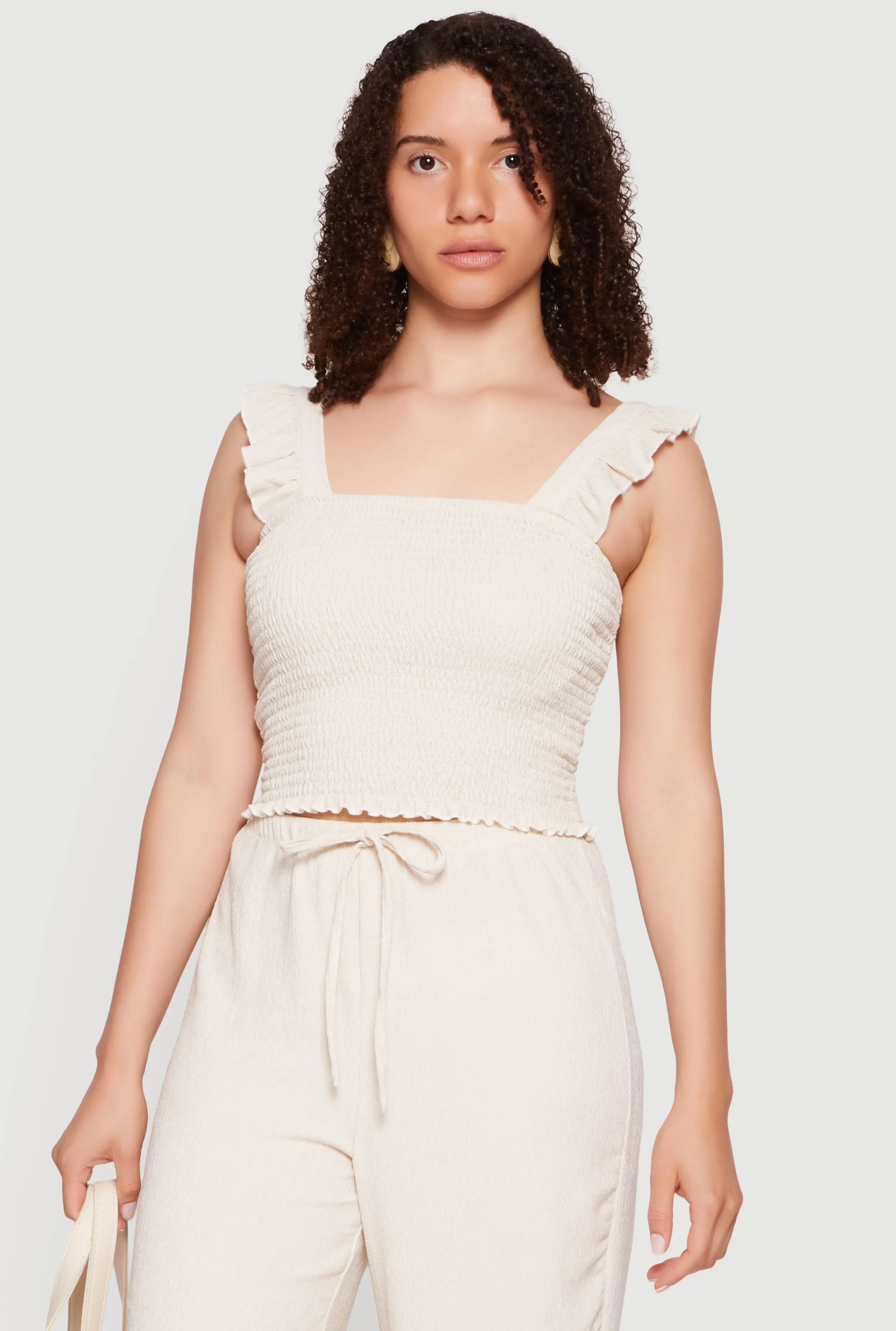 Ruffle Strap Smocked Crop Top sold by Rainbow