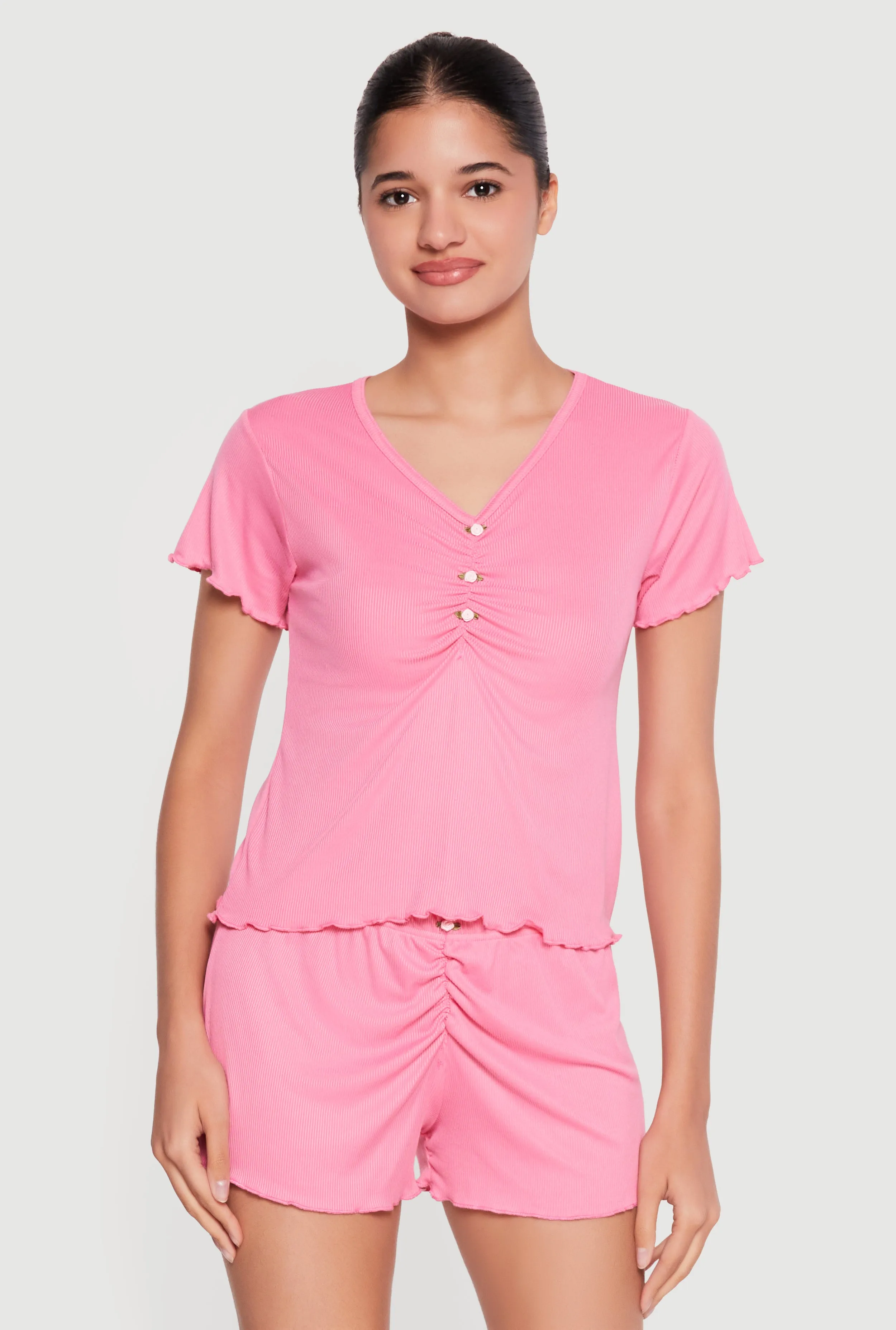 Flower Button Ribbed Knit Pajama Top and Shorts sold by Rainbow product image thumbnail 2