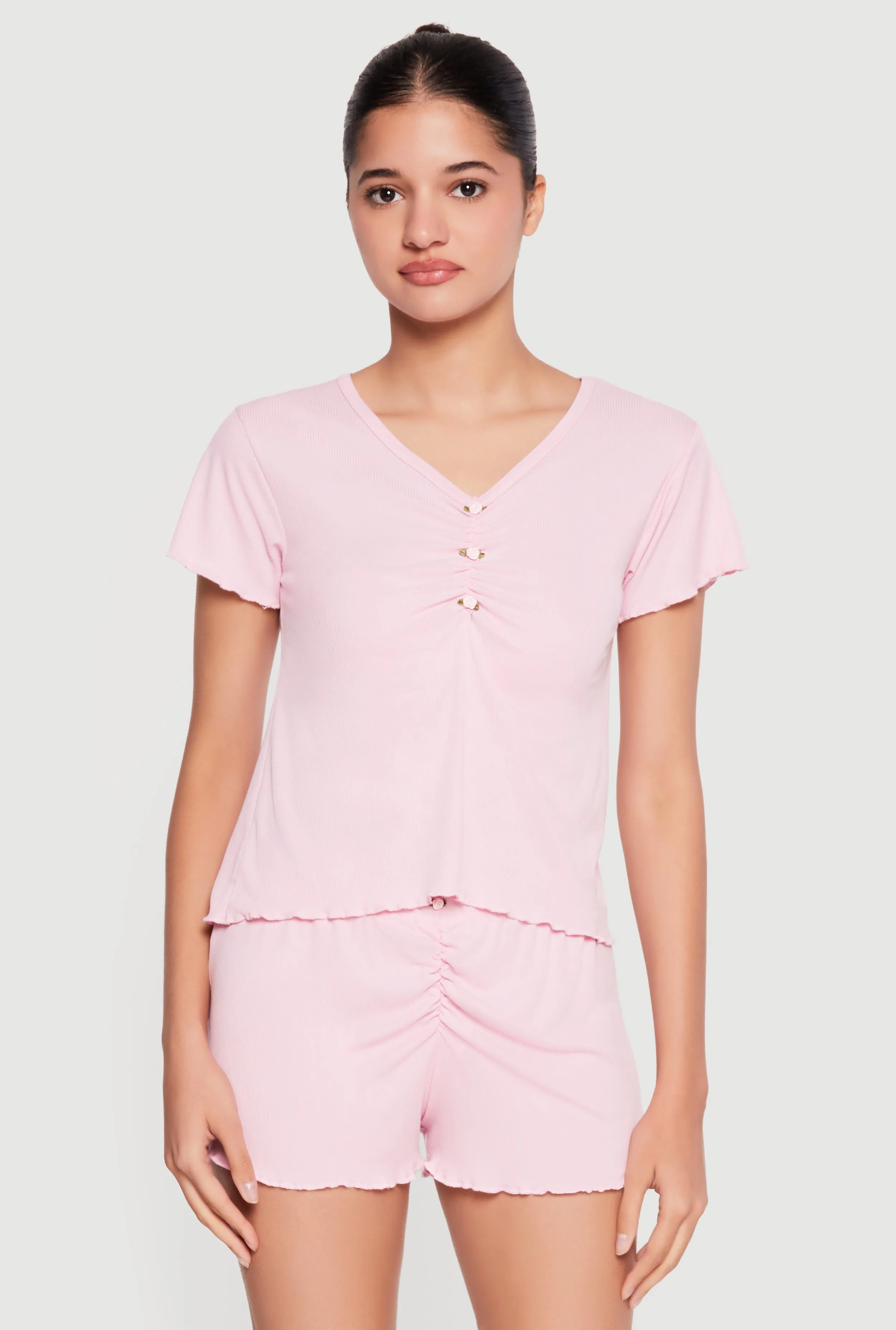 Flower Button Ribbed Knit Pajama Top and Shorts sold by Rainbow product image thumbnail 3