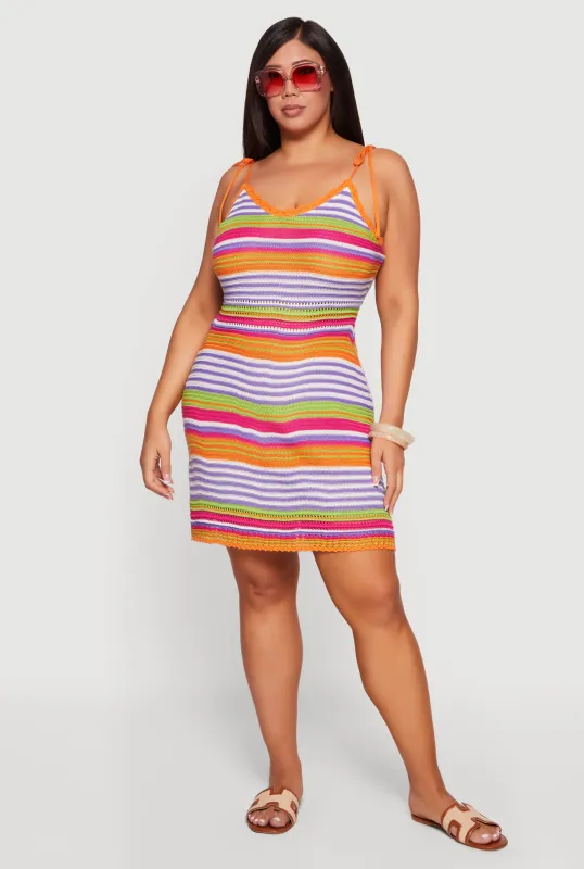 Plus Size Pointelle Knit Detail Striped Dress with Tie Straps made by Almost Famous