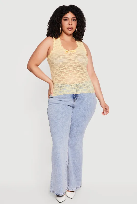 Plus Size Lace Lettuce Edge Bow Detail Tank Top made by Rainbow