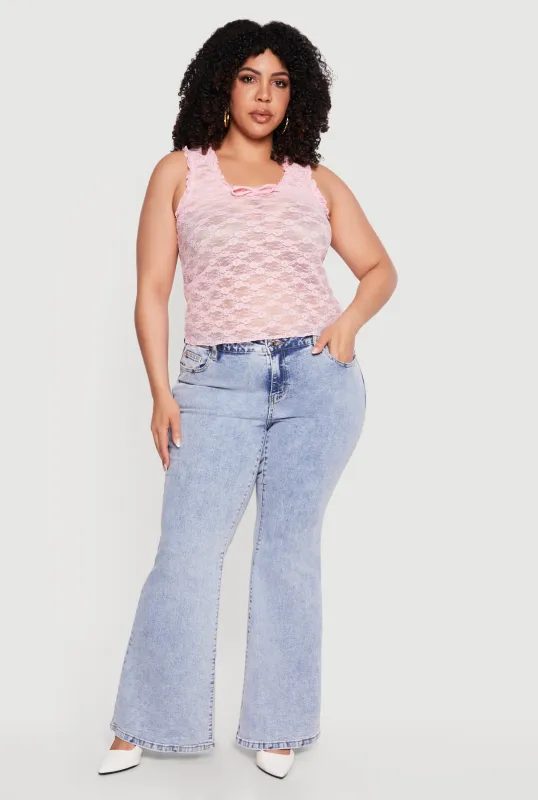 Plus Size Lace Lettuce Edge Bow Detail Tank Top made by Rainbow