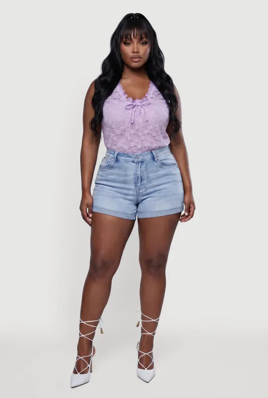 Plus Size Lace Lettuce Edge Bow Detail Tank Top made by Rainbow