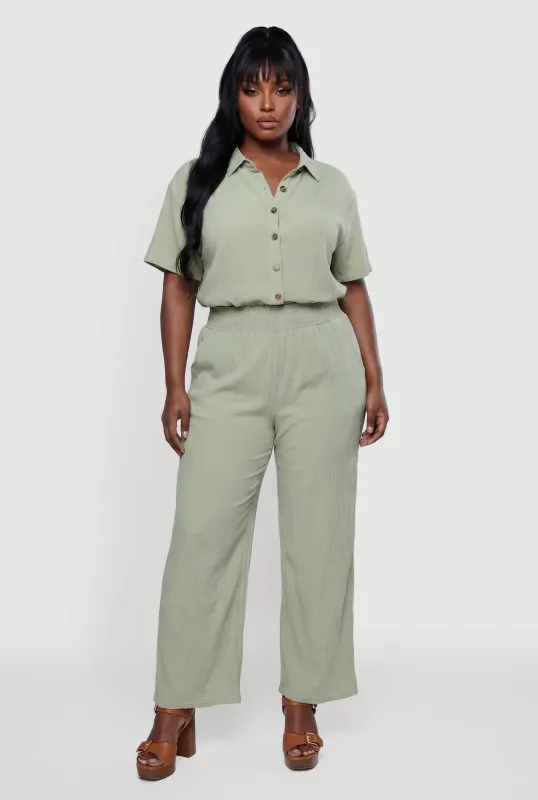 Plus Size Drop Shoulder Button Front Shirt and Casual Pants made by Rainbow