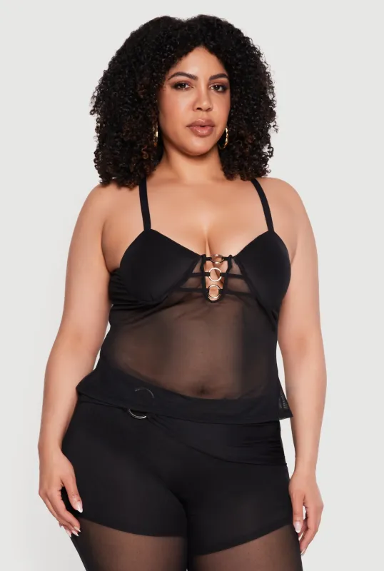 Plus Size Metallic O Ring Mesh Sweetheart Neckline Top made by Rainbow