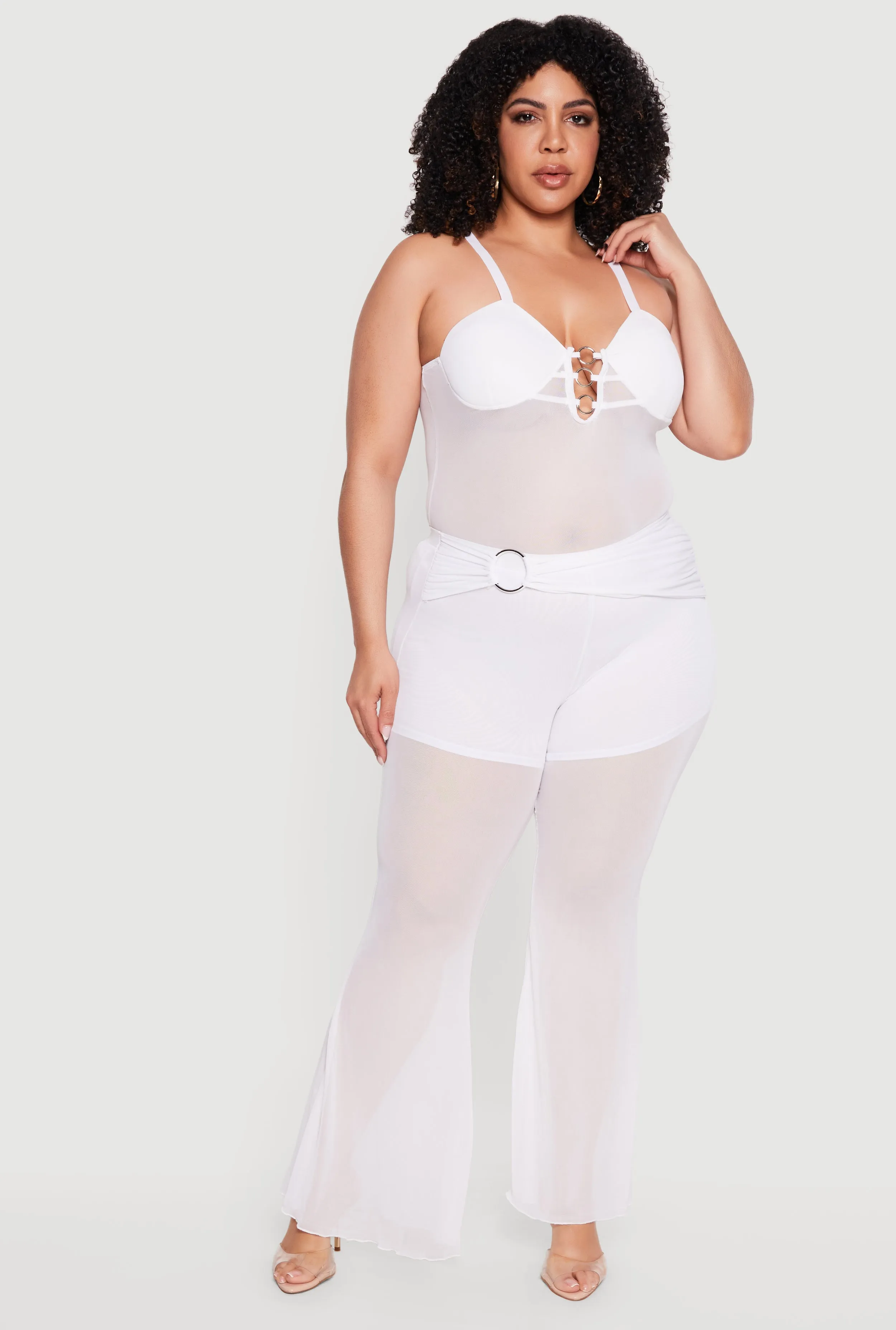 Plus Size O Ring Belted Front Mesh Flare Leg Pants sold by Rainbow product image thumbnail 5