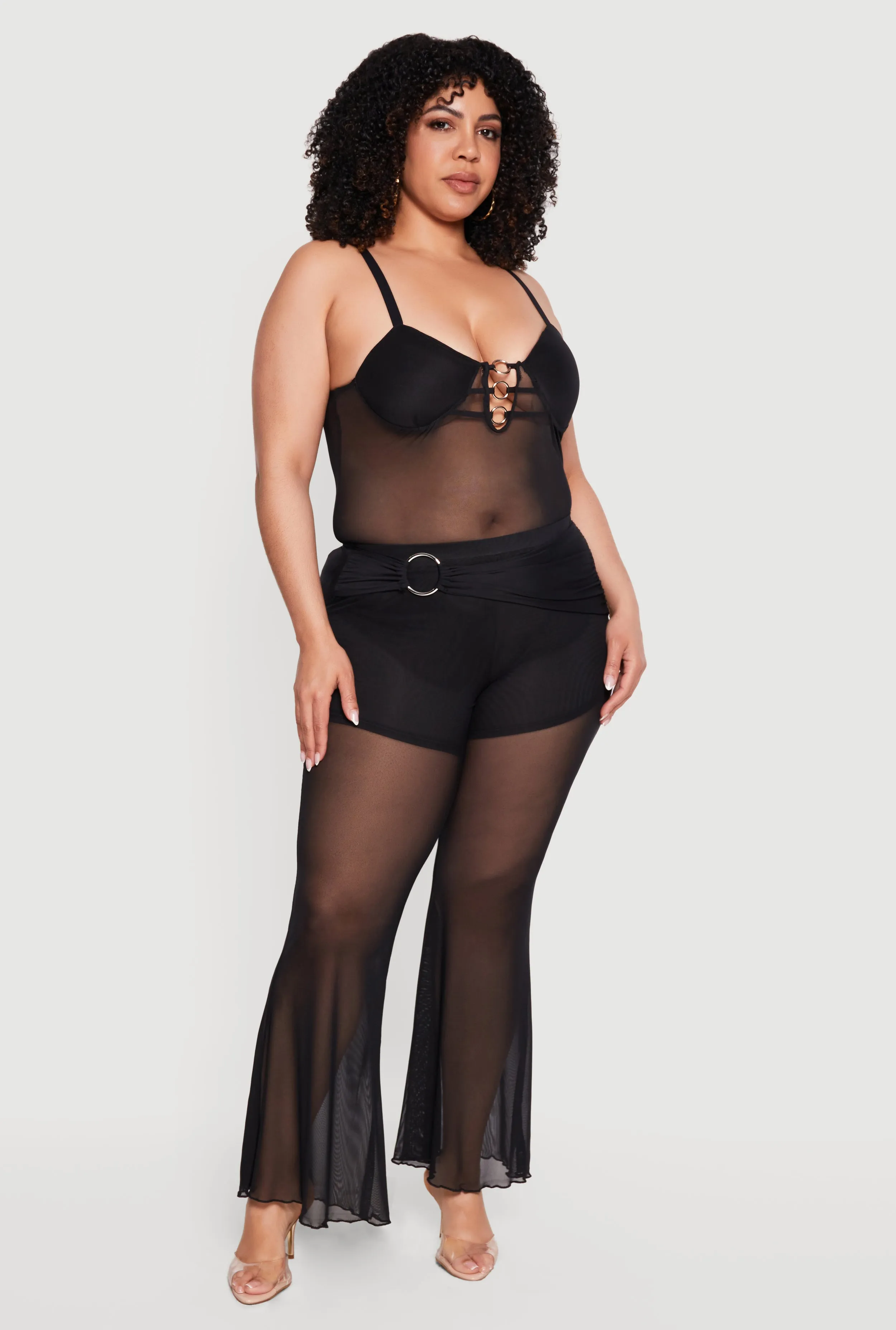 Plus Size O Ring Belted Front Mesh Flare Leg Pants sold by Rainbow product image thumbnail 3