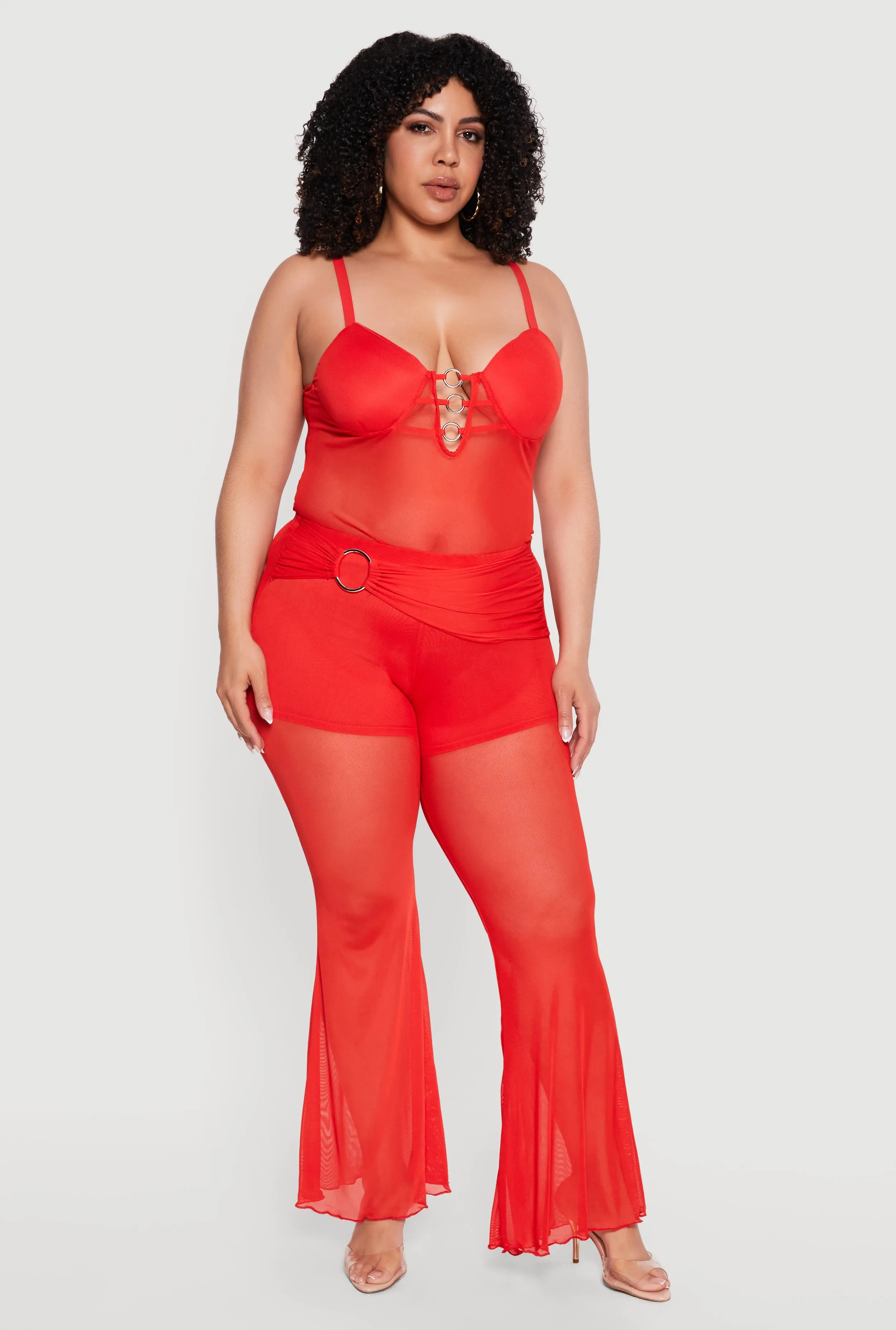 Plus Size O Ring Belted Front Mesh Flare Leg Pants sold by Rainbow product image thumbnail 2