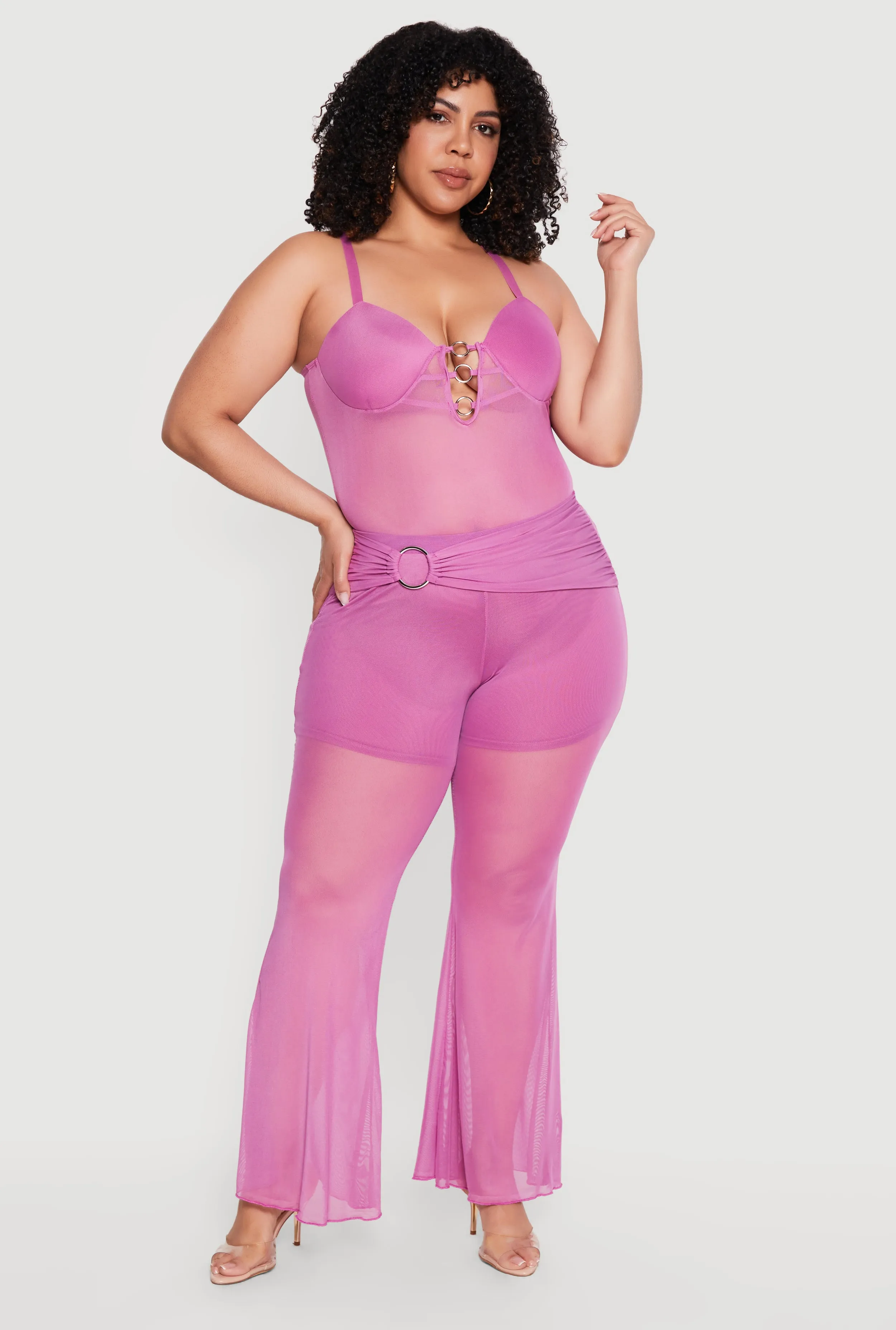 Plus Size O Ring Belted Front Mesh Flare Leg Pants sold by Rainbow product image thumbnail 4