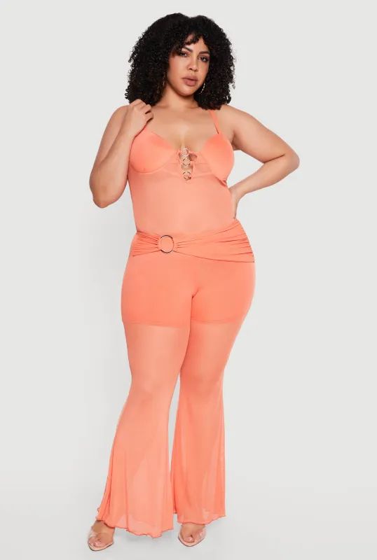 Plus Size O Ring Belted Front Mesh Flare Leg Pants made by Rainbow