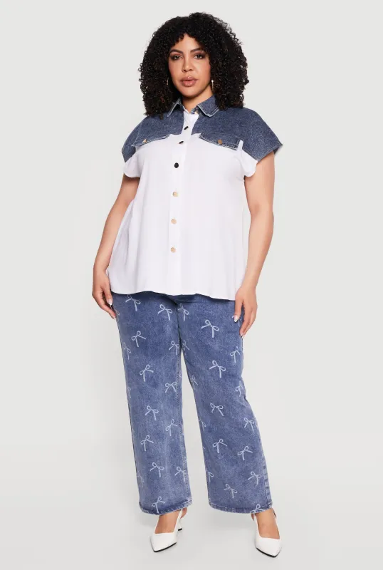 Plus Size Denim Detail Button Front Shirt made by Rainbow
